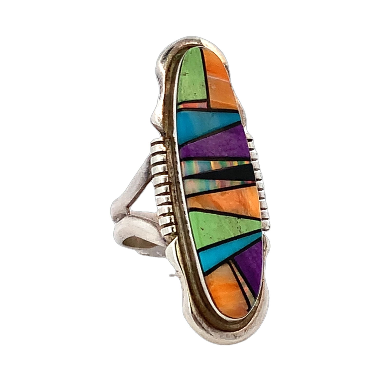 Vintage Native American Navajo inlaid sterling silver ring with multiple stones,Marked JJ: vintage Native American Navajo inlaid sterling silver ring with multiple stones,8grams Johnchavez"JS" makers NavMark + SterlingStamP.5mm@ ShanK165"@ topInlay of opal, Coral Onyx,..