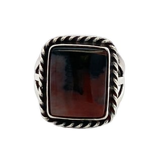 Vintage Sterling Silver Jasper Ring – Sz 7.25, 6g: Vintage handcrafted sterling silver ring featuring a 12x14mm rectangular jasper cabochon with deep earthy hues. Framed in a twisted rope border and mounted on a split shank. Unmarked, tested sterling