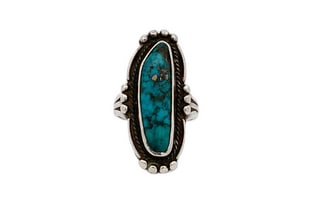 Signed M.L. Navajo Sterling Silver Long Turquoise Ring, Size 9 (1 of 7)