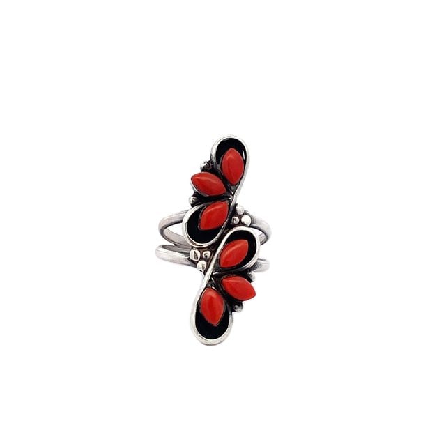 T.N. Navajo Sterling Silver Red Coral Cluster Ring, 4g (1 of 7)