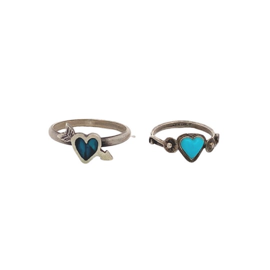 Pair of Sterling Silver Heart Rings with Turquoise & Inlay, Size 5, 4g: Charming pair of sterling silver heart motif rings, one featuring turquoise and the other blue inlay with an arrow accent. Delicate and romantic Navajo-style designs, ideal for stacking or daily wear.