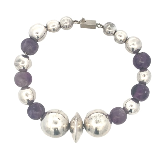Mexican Sterling Silver & Amethyst Bead Bracelet, 28g (1 of 7)
