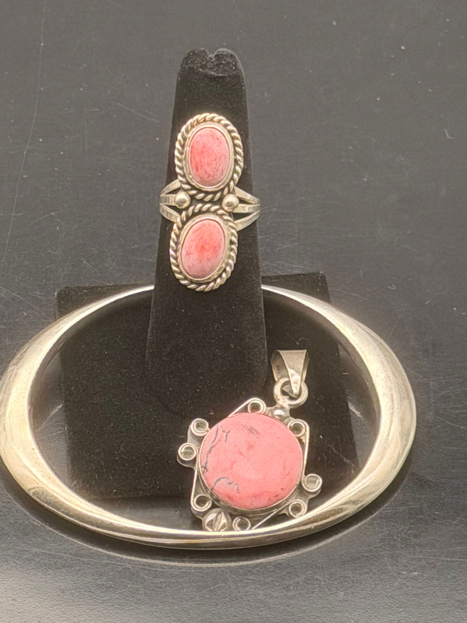 Vintage Mexican Sterling Silver Jewelry Set – Pink Stone Ring, Pendant & Bangle (48g) (1 of 12)