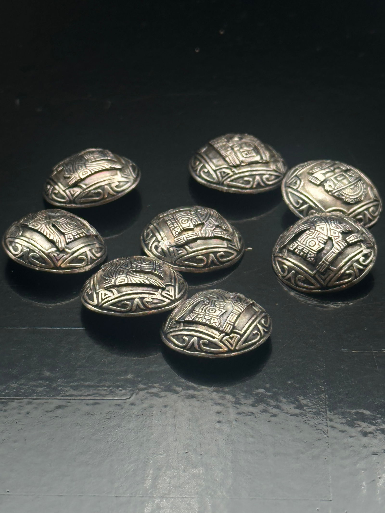 Set of 8 Peruvian Sterling Silver Buttons with Incan Motif, 26 g (1 of 11)