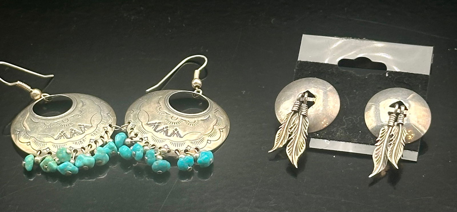 Lot of 2 Sterling Silver Earrings – Turquoise Dangles & Feather Drops, 15 g (1 of 6)