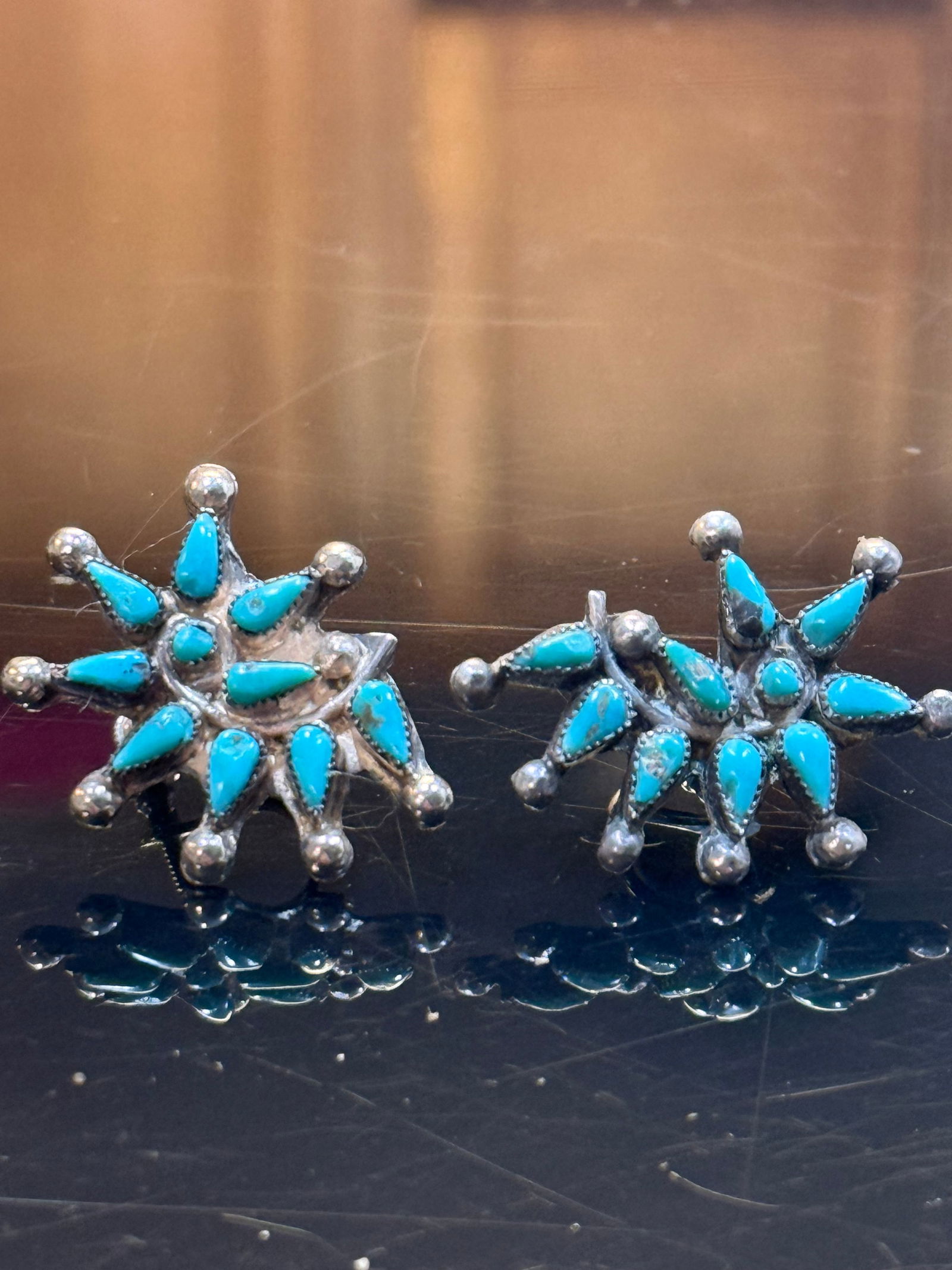 Vintage Sterling Silver TURQUOISE Cluster SUNBURST EARRINGS Screw Back (1 of 5)