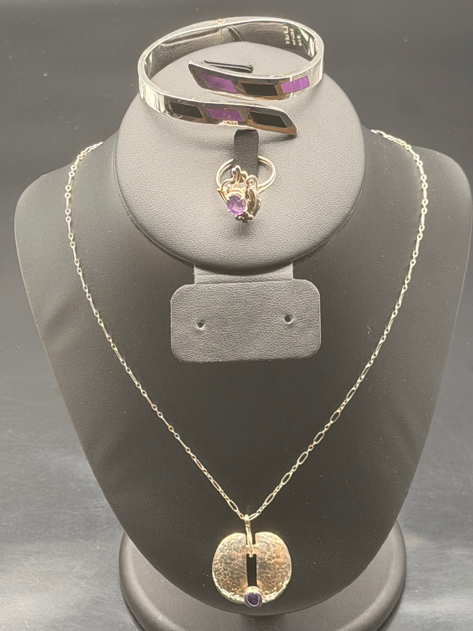 Vintage Mexican Sterling Silver Jewelry Set – Amethyst Bracelet, Ring & Pendant (60g) (1 of 12)