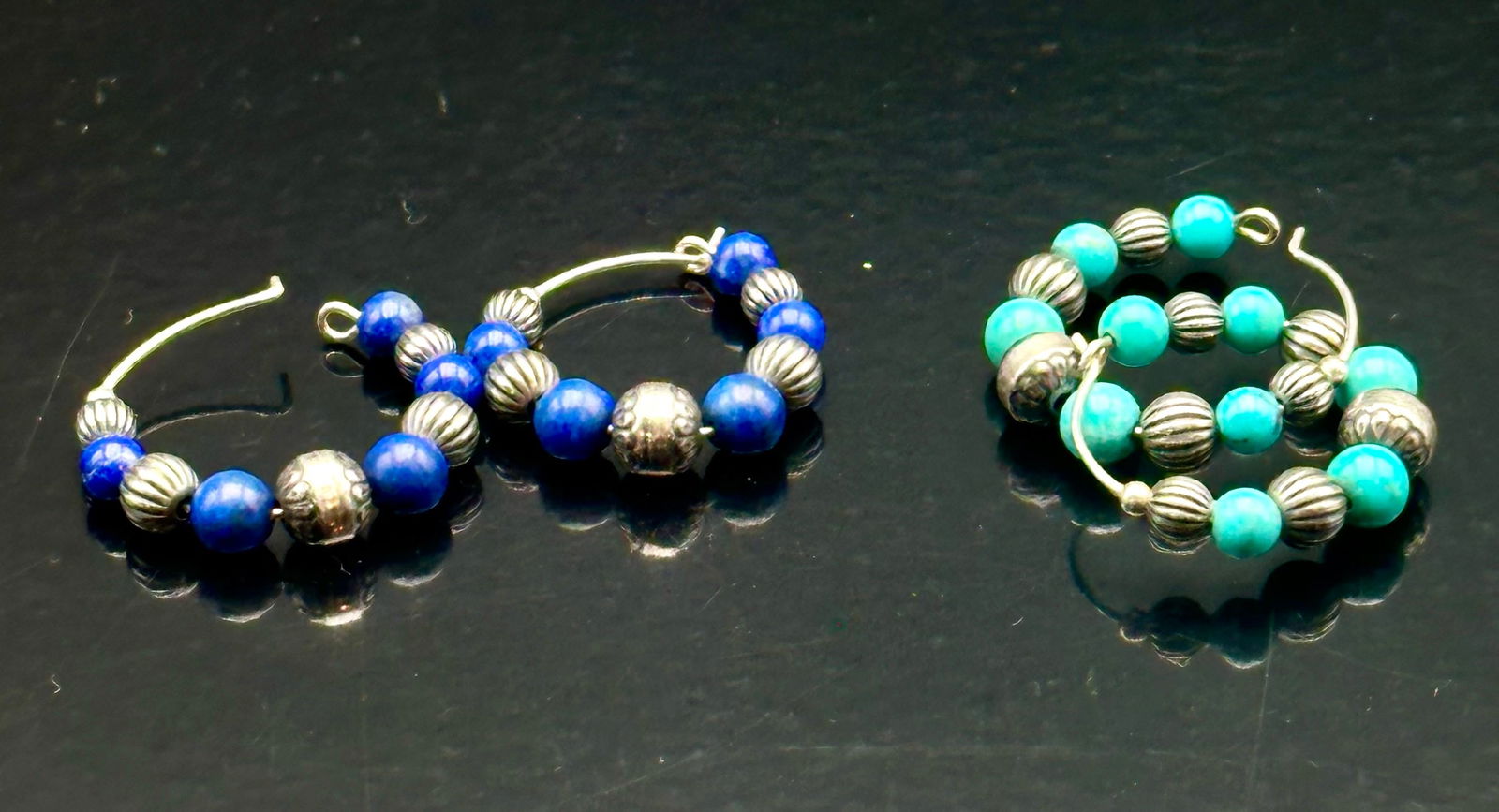 Lot of 2 Sterling Silver Hoop Earrings with Turquoise & Lapis Beads: Two pairs of handcrafted sterling silver hoop earrings featuring alternating silver ribbed beads and natural turquoise and lapis lazuli stones. Southwest or Mexican artisan style.