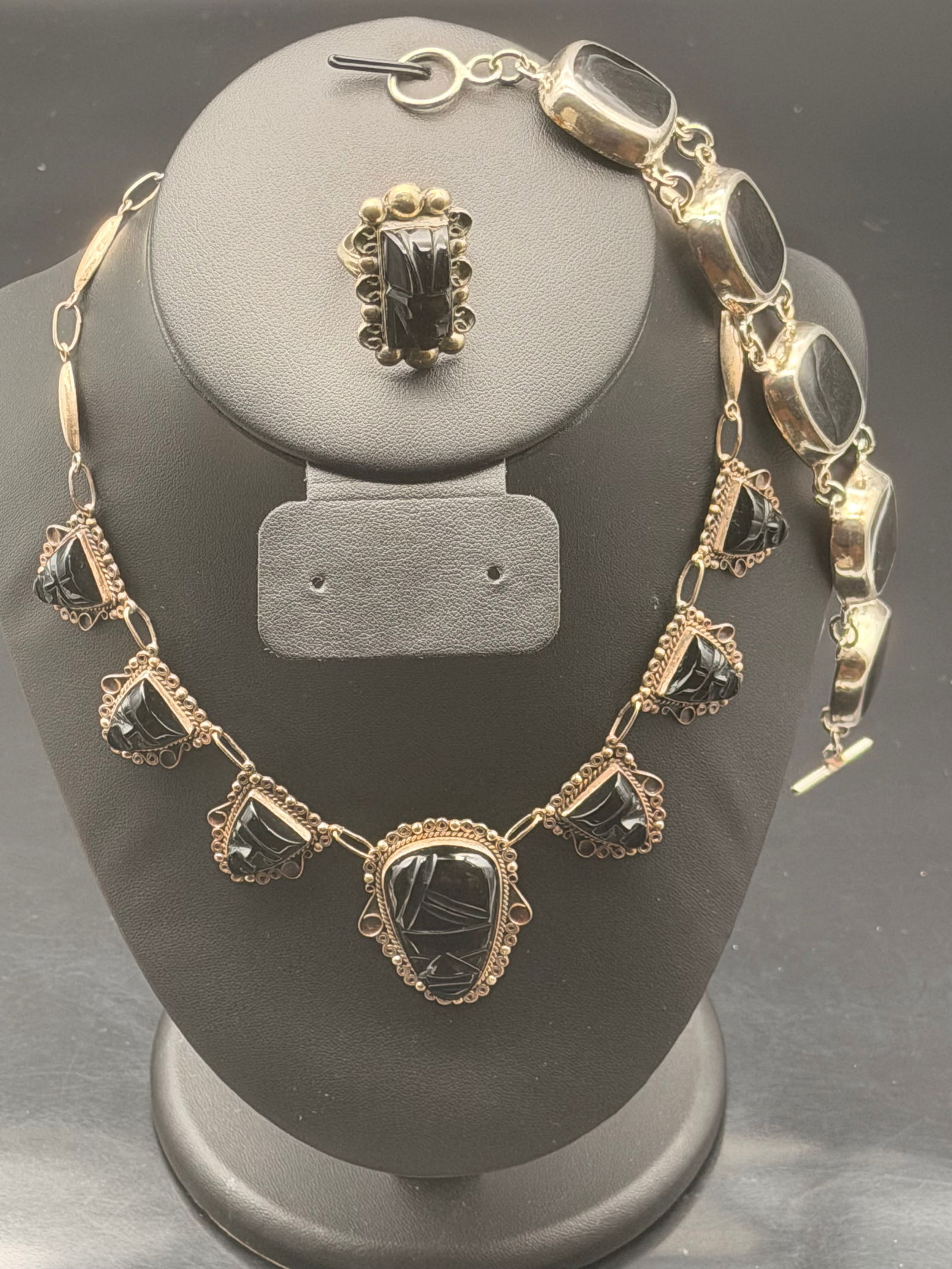 Vintage Mexican Sterling Silver & Black Onyx Jewelry Set – Necklace, Bracelet & Ring (91g) (1 of 12)