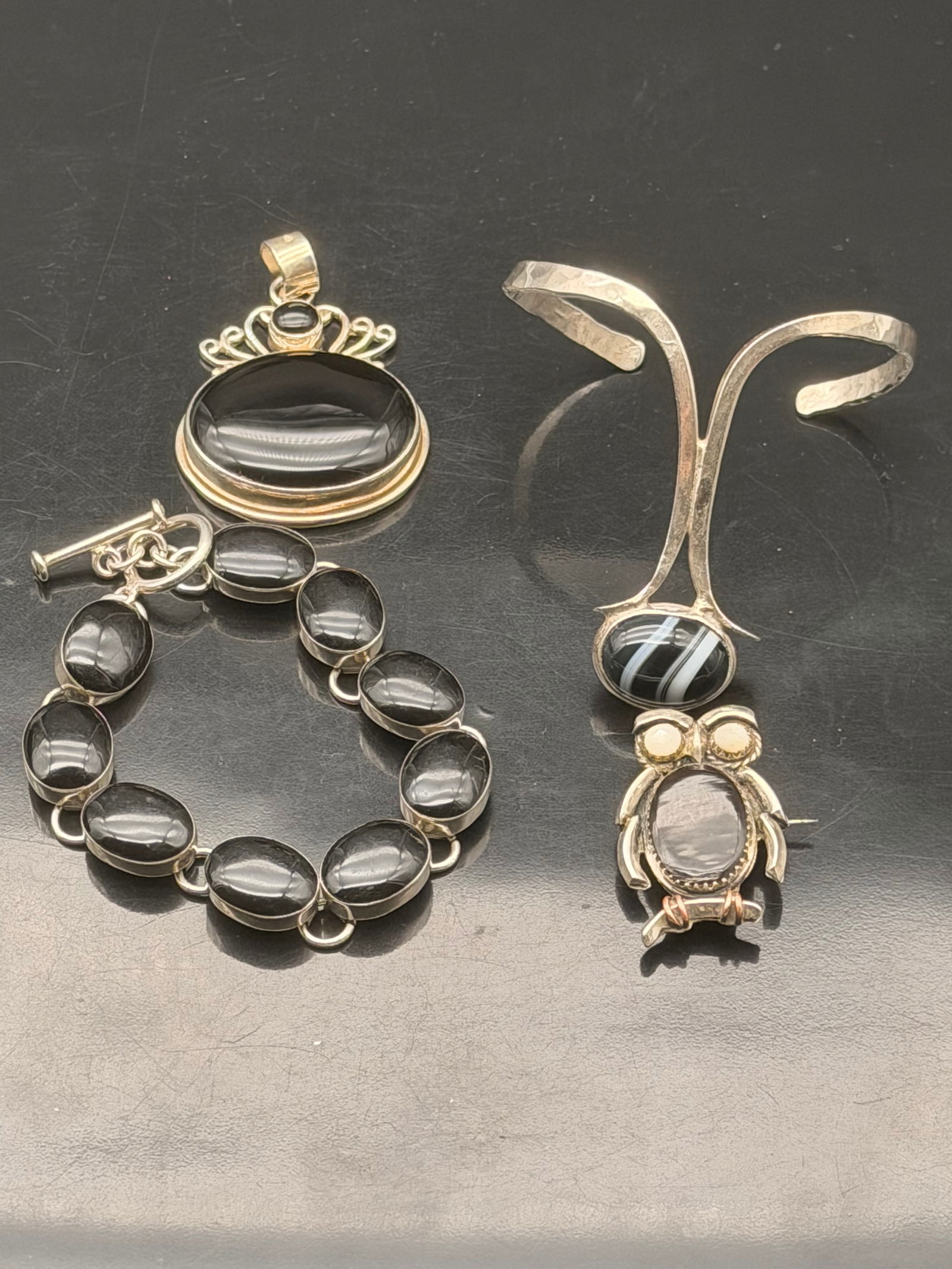 Vintage Mexican Sterling Silver & Black Onyx Jewelry Set – Bracelet, Pendant, Owl Brooch & Cuff (1 of 9)