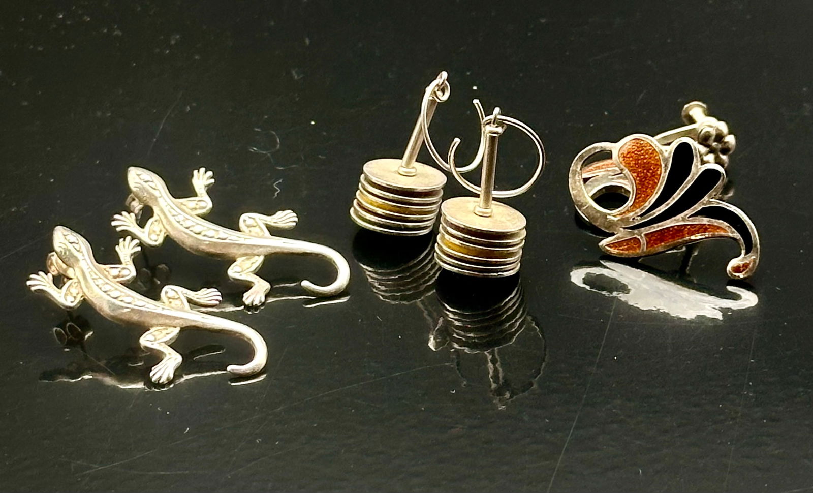 Vintage Sterling Silver Earring Lot – Gecko, Disc & Enamel Designs, 30 g (1 of 6)