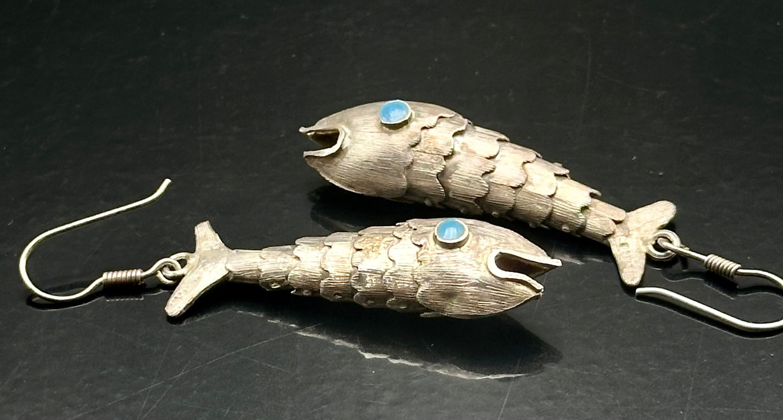 Vintage Taxco Sterling Silver Articulated Fish Earrings, 14 g (1 of 6)