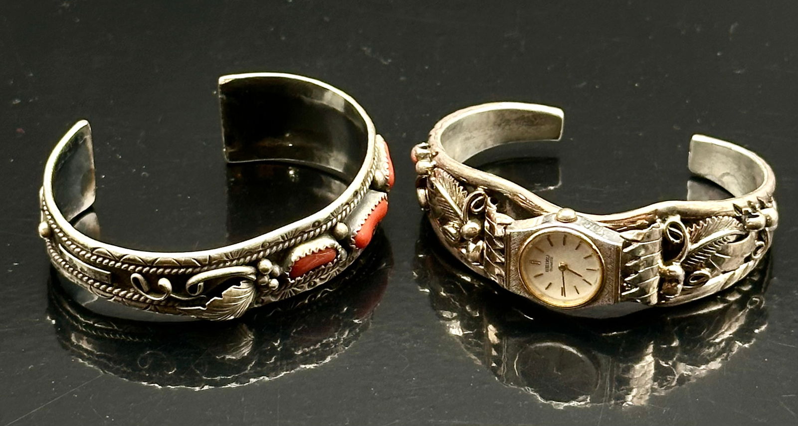 Sterling Silver Watch Cuff Bracelet Lot – Seiko Quartz & Red Coral, 66g (1 of 13)