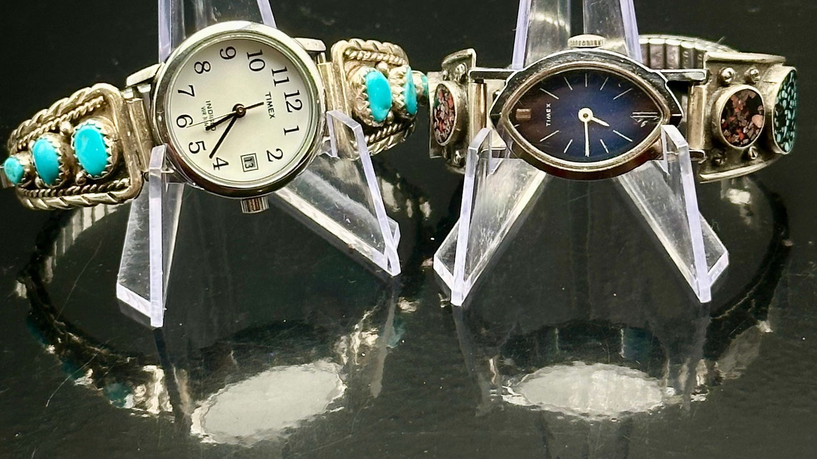 Lot of 2 Vintage Timex Turquoise Native Style Watch Bracelets (1 of 14)