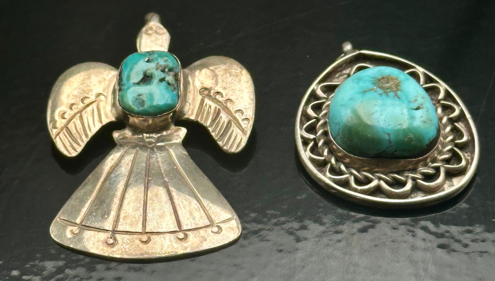 Lot of 2 Vintage Sterling Silver Turquoise Pendants – Thunderbird & Teardrop, 18g (1 of 7)