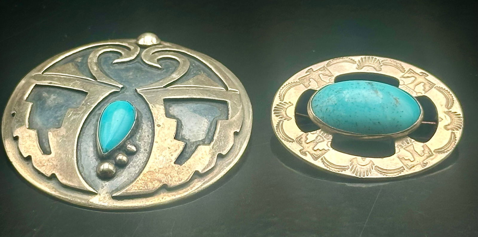 Lot of 2 Vintage Sterling Silver Turquoise Brooches – Navajo Overlay & Stamped Designs, 41g (1 of 9)