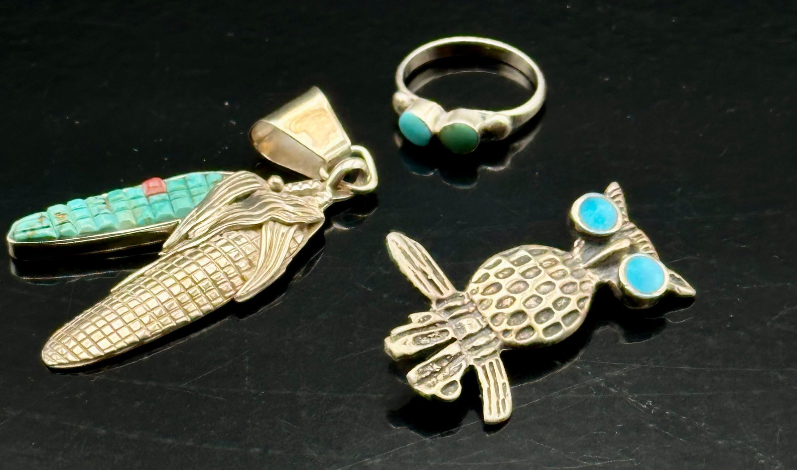 Native American Sterling Silver Lot — D. Benally Corn Pendant, Turquoise Owl Pin & Turquoise Ring (1 of 11)