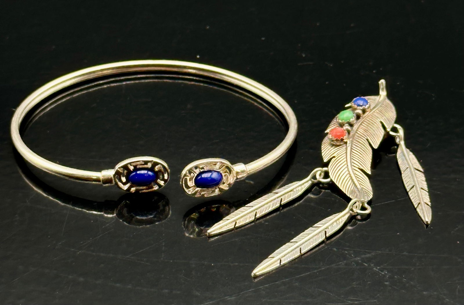 Sterling Silver Feather Brooch & Lapis Bracelet Set (11g) (1 of 9)