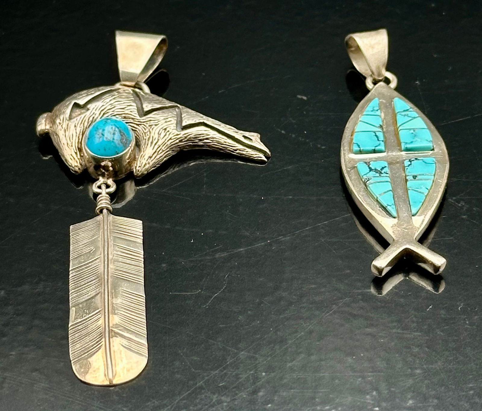 Pair of Navajo Sterling Silver Turquoise Pendants Signed N. Begay (1 of 9)