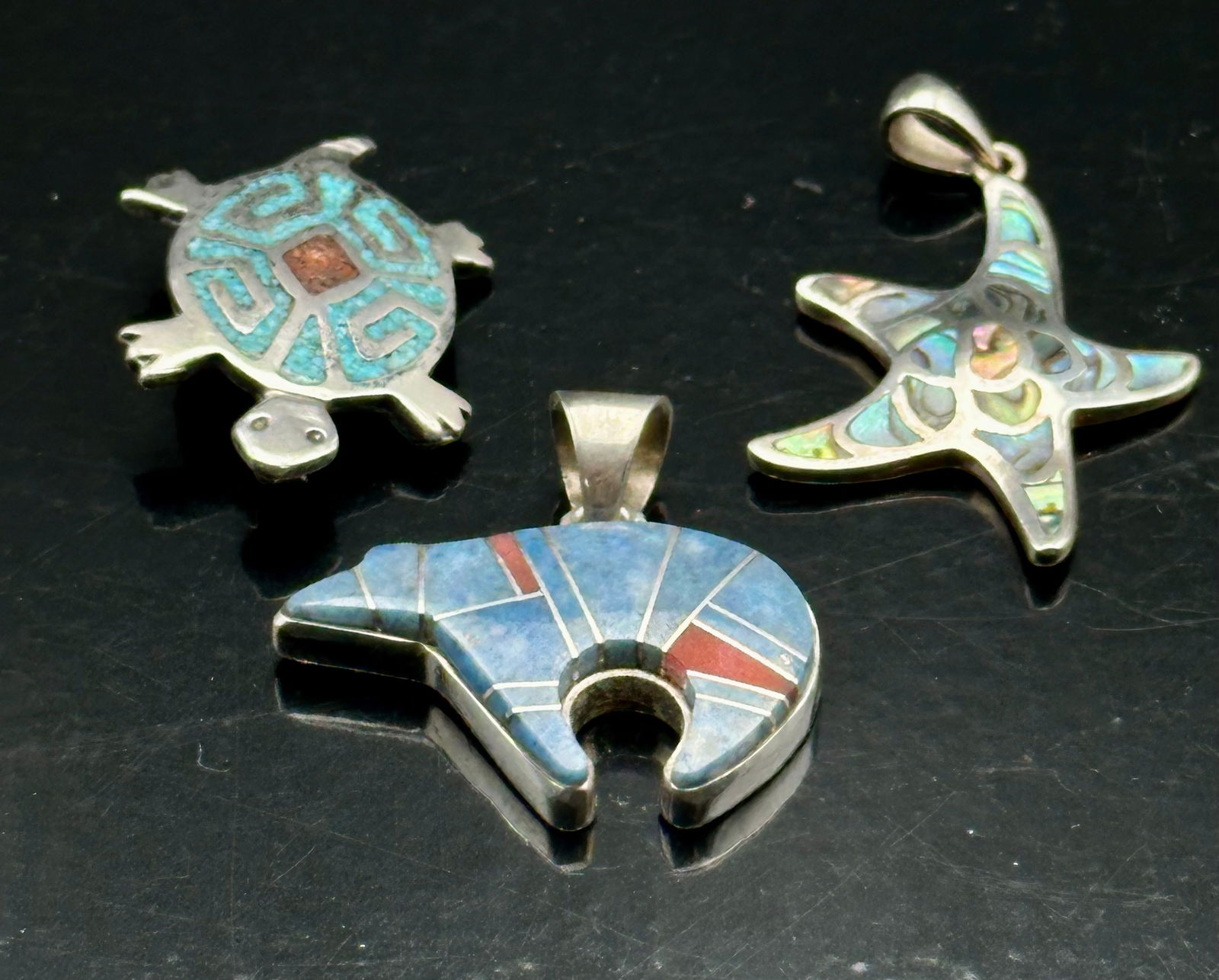 Trio of Sterling Silver Inlay Pendants – Bear, Turtle & Starfish, 28g (1 of 8)