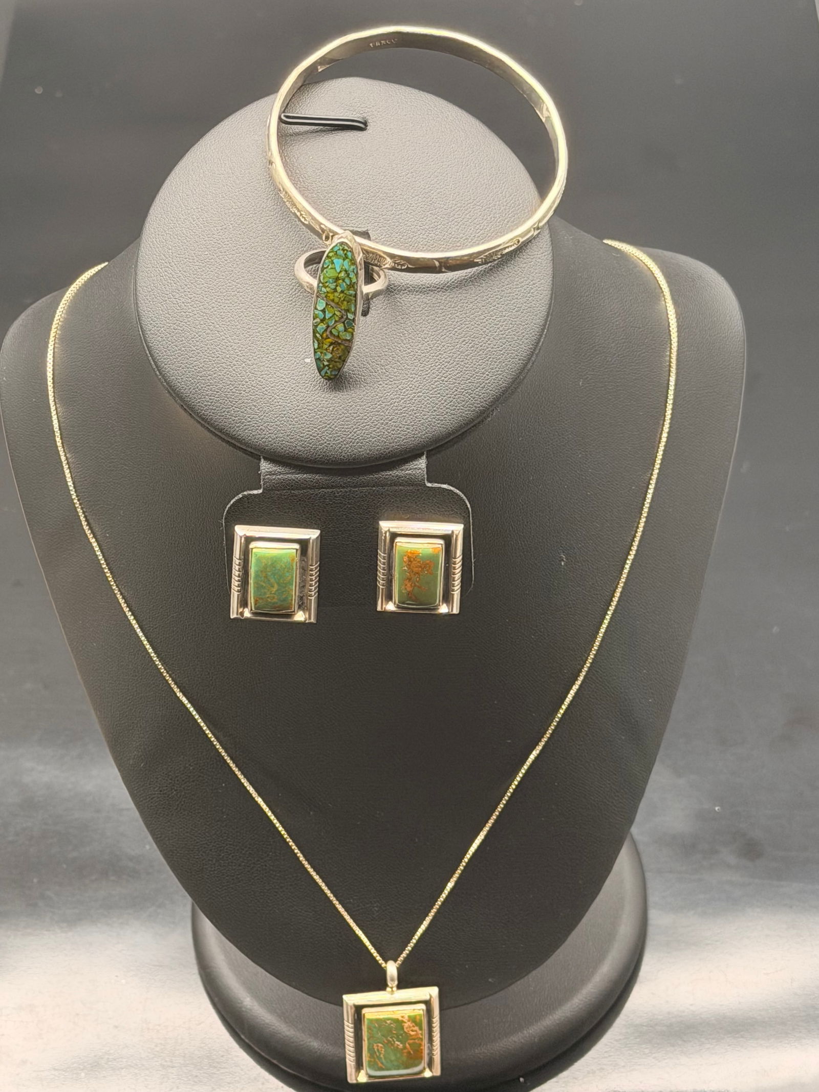 Vintage Southwestern Sterling Silver Jewelry Set – Turquoise Pendant, Earrings, Ring & Taxco (1 of 13)