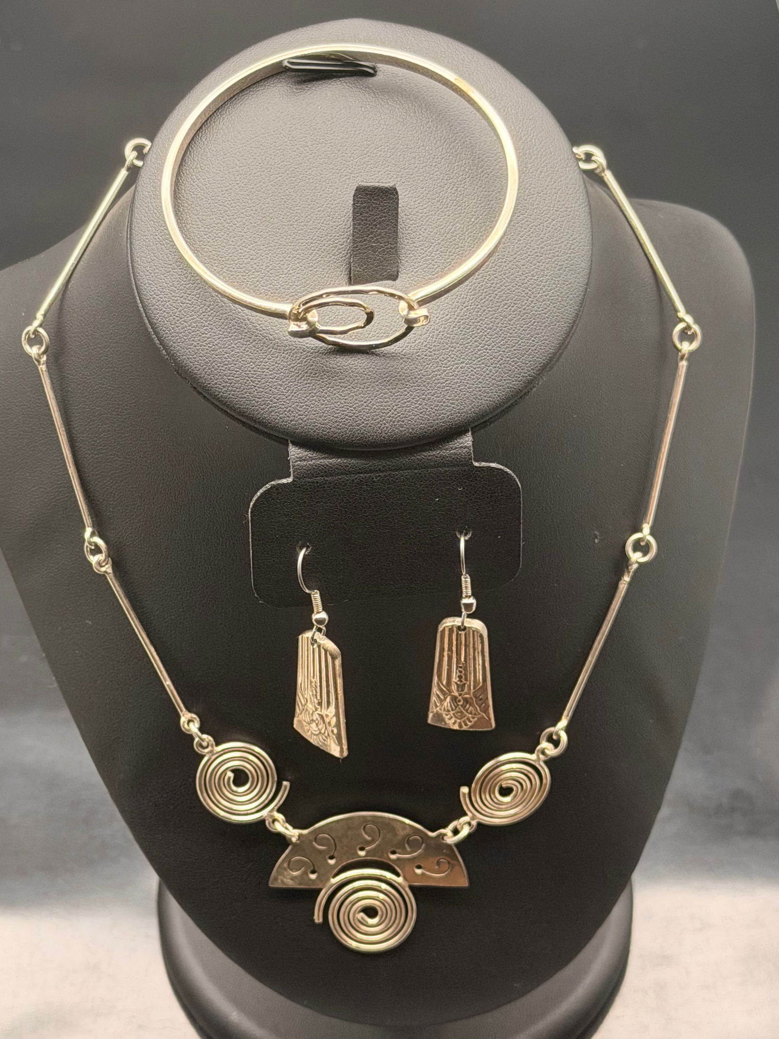 Vintage Mexican Sterling Silver Jewelry Set – Spiral Necklace, Earrings & Bangle – 47g 925 (1 of 12)