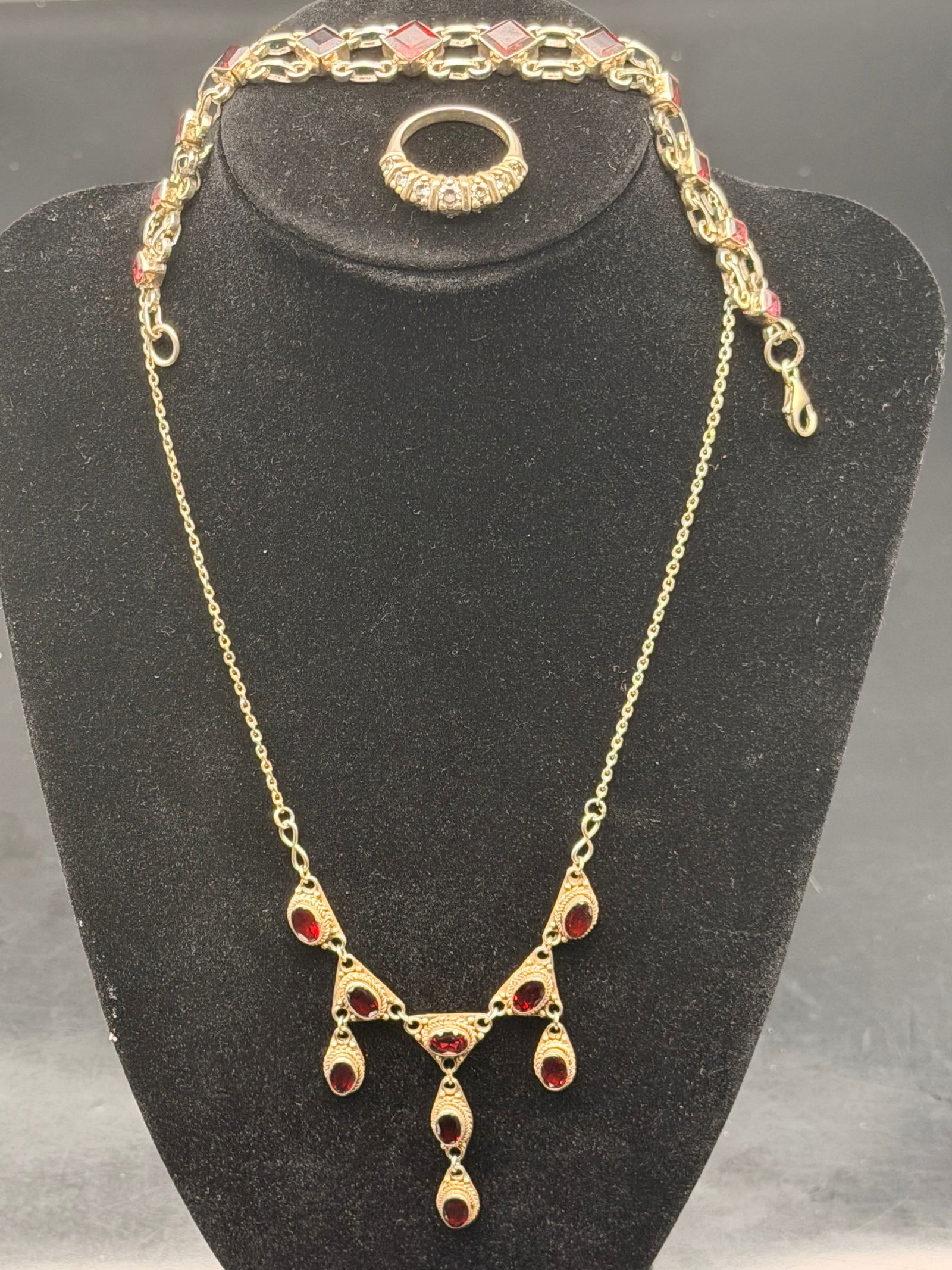 Vintage Sterling Silver Jewelry Lot – Garnet Necklace & CZ Ring Set – 37g 925 (1 of 12)