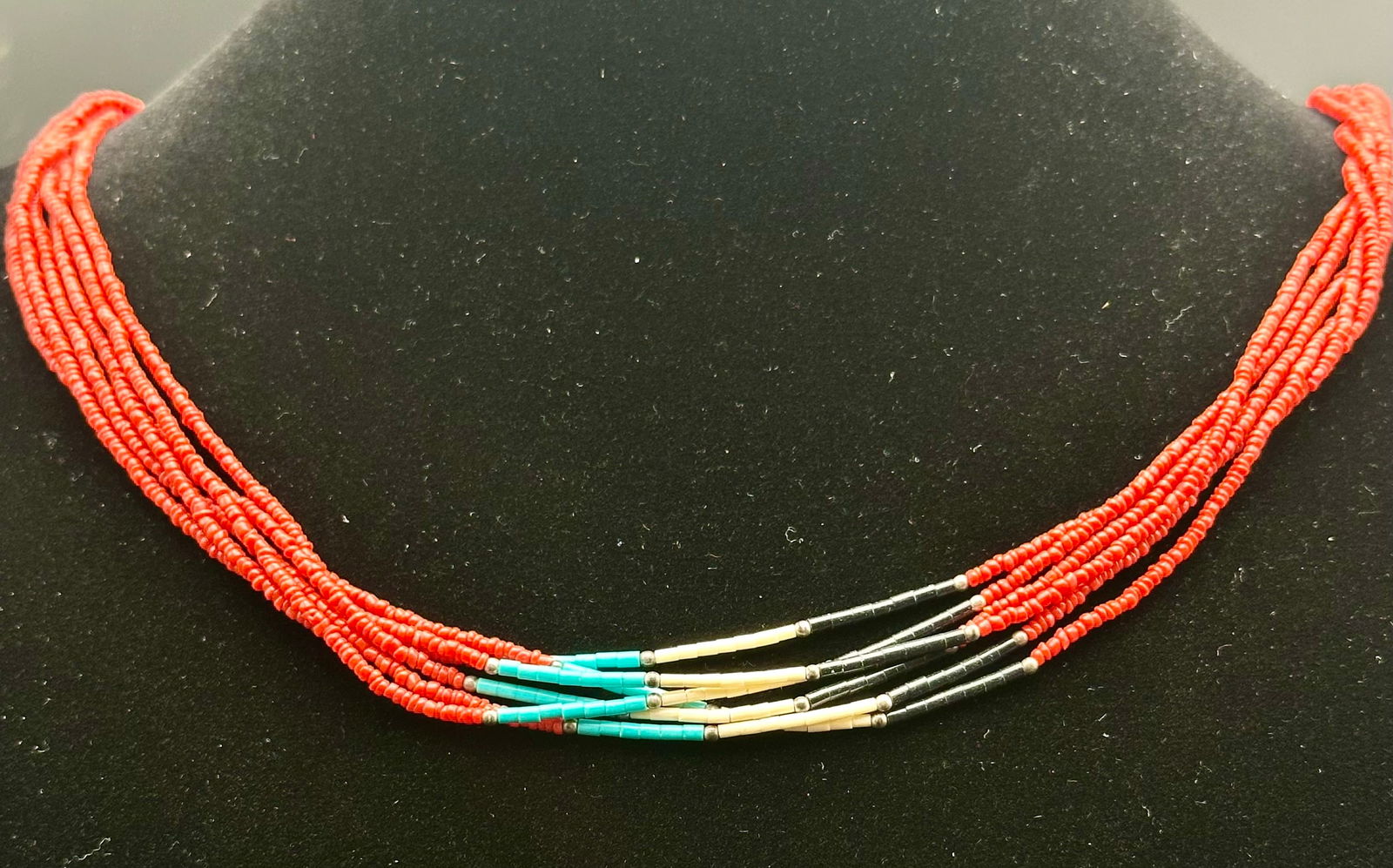 Vintage Navajo Multi-Strand Coral, Turquoise & Heishi Necklace with Silver Cones (1 of 9)