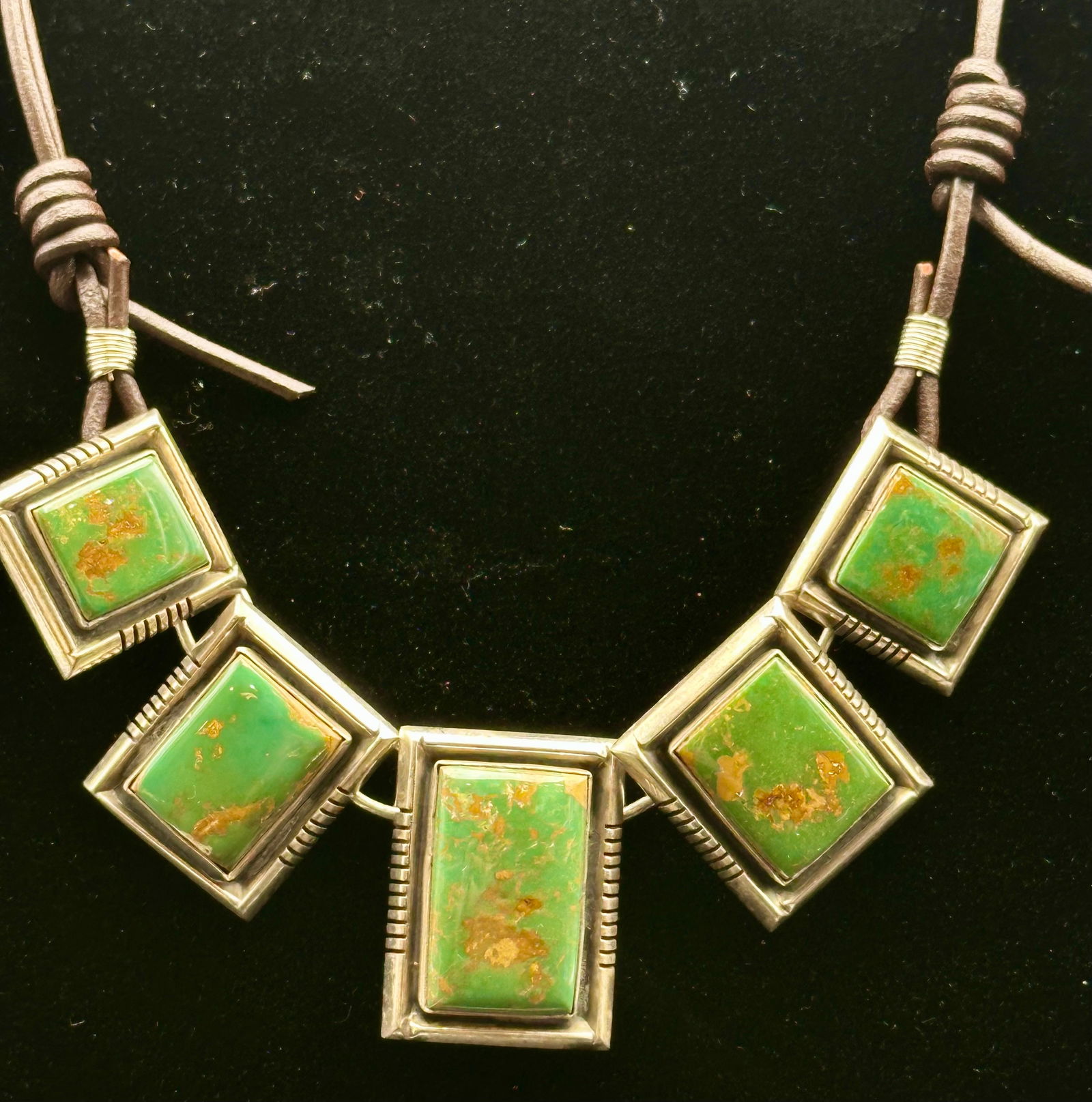 Signed Lee Charley Wood Navajo Sterling Silver & Green Turquoise Necklace (1 of 9)