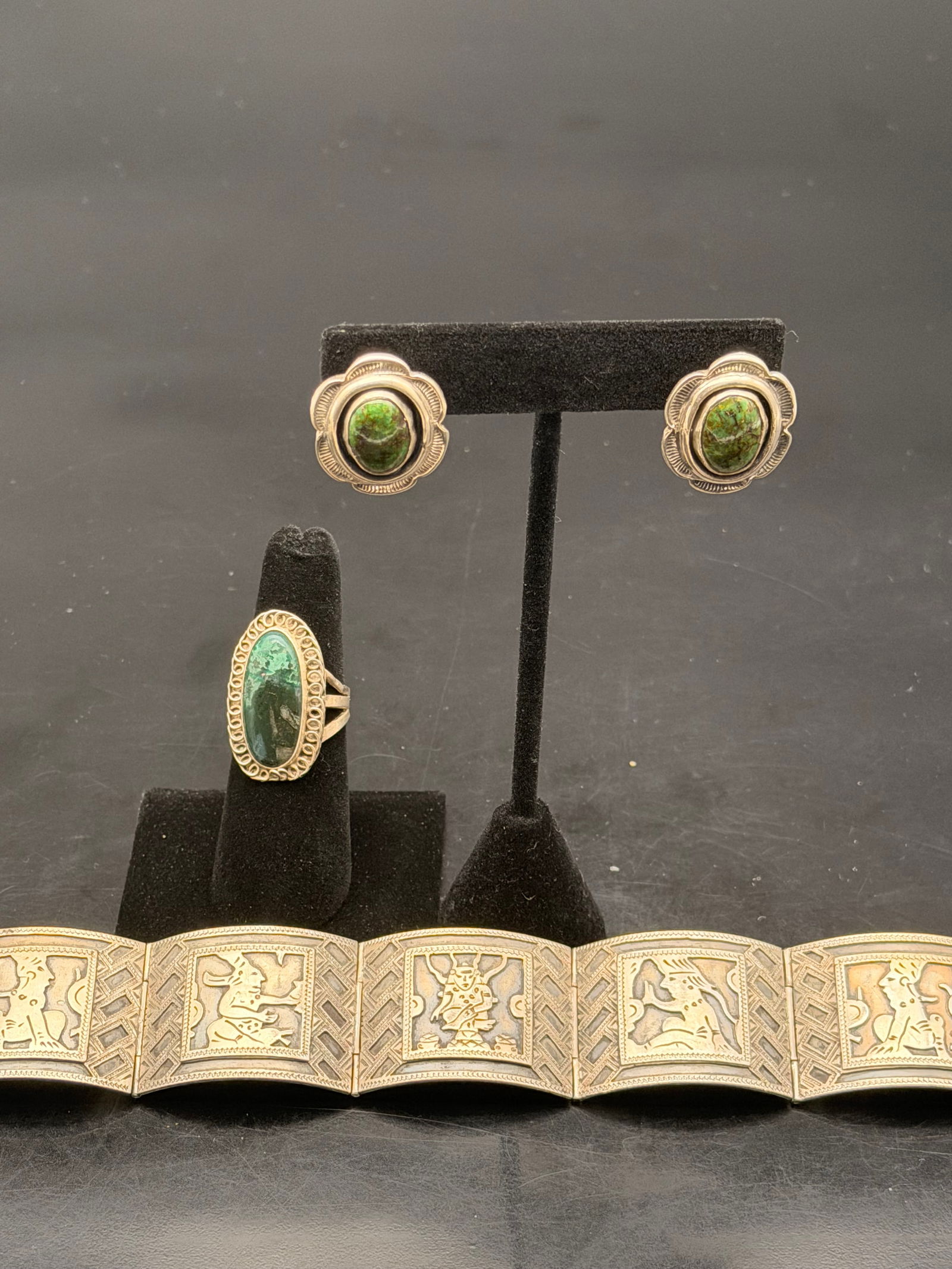 ntage Sterling Silver Jewelry Lot – Turquoise Ring, Earrings & Peruvian Bracelet – 65g (1 of 13)