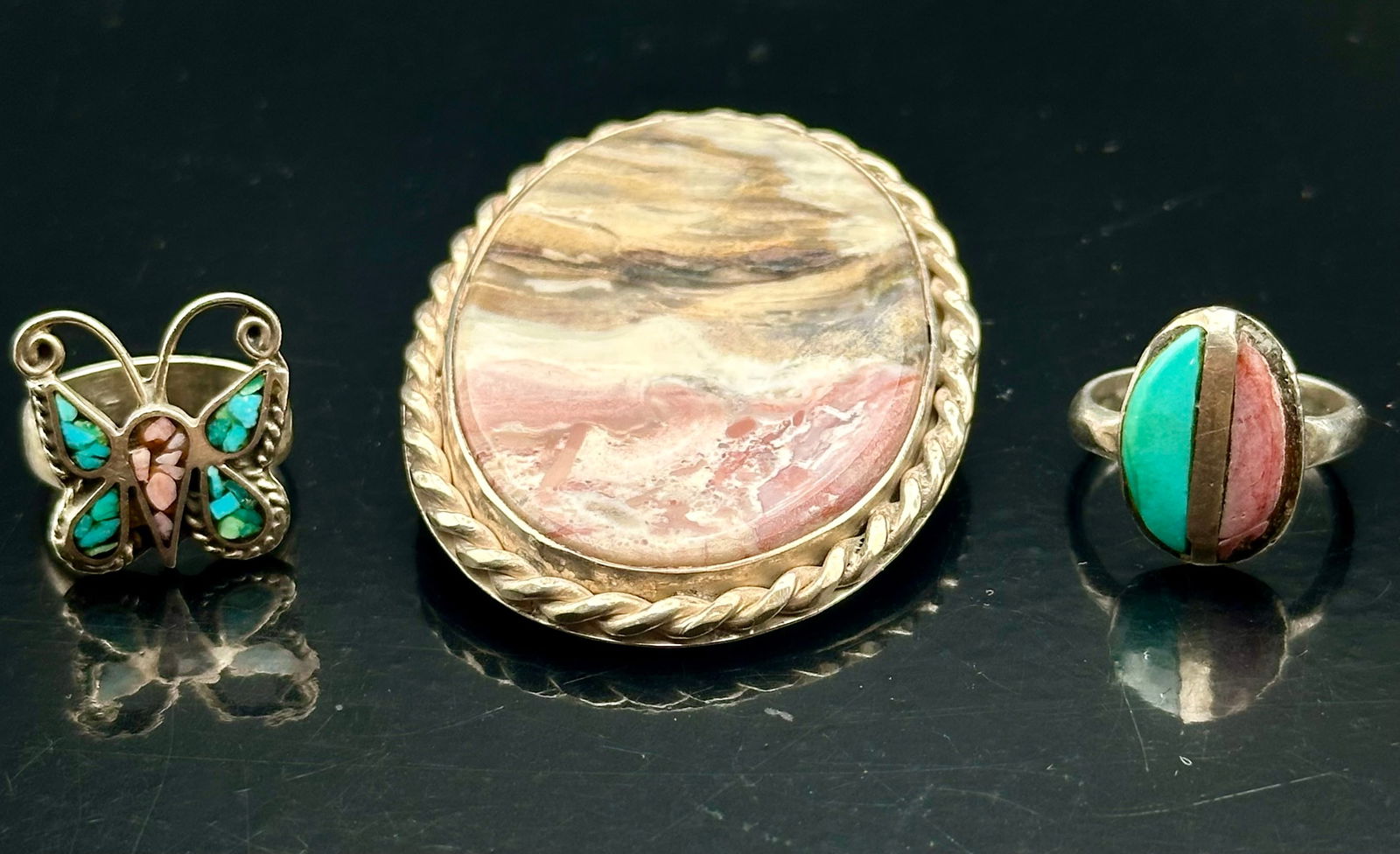 Vintage Sterling Silver Jewelry Lot – Butterfly Ring, Turquoise & Rhodochrosite Inlay Ring, and (1 of 12)