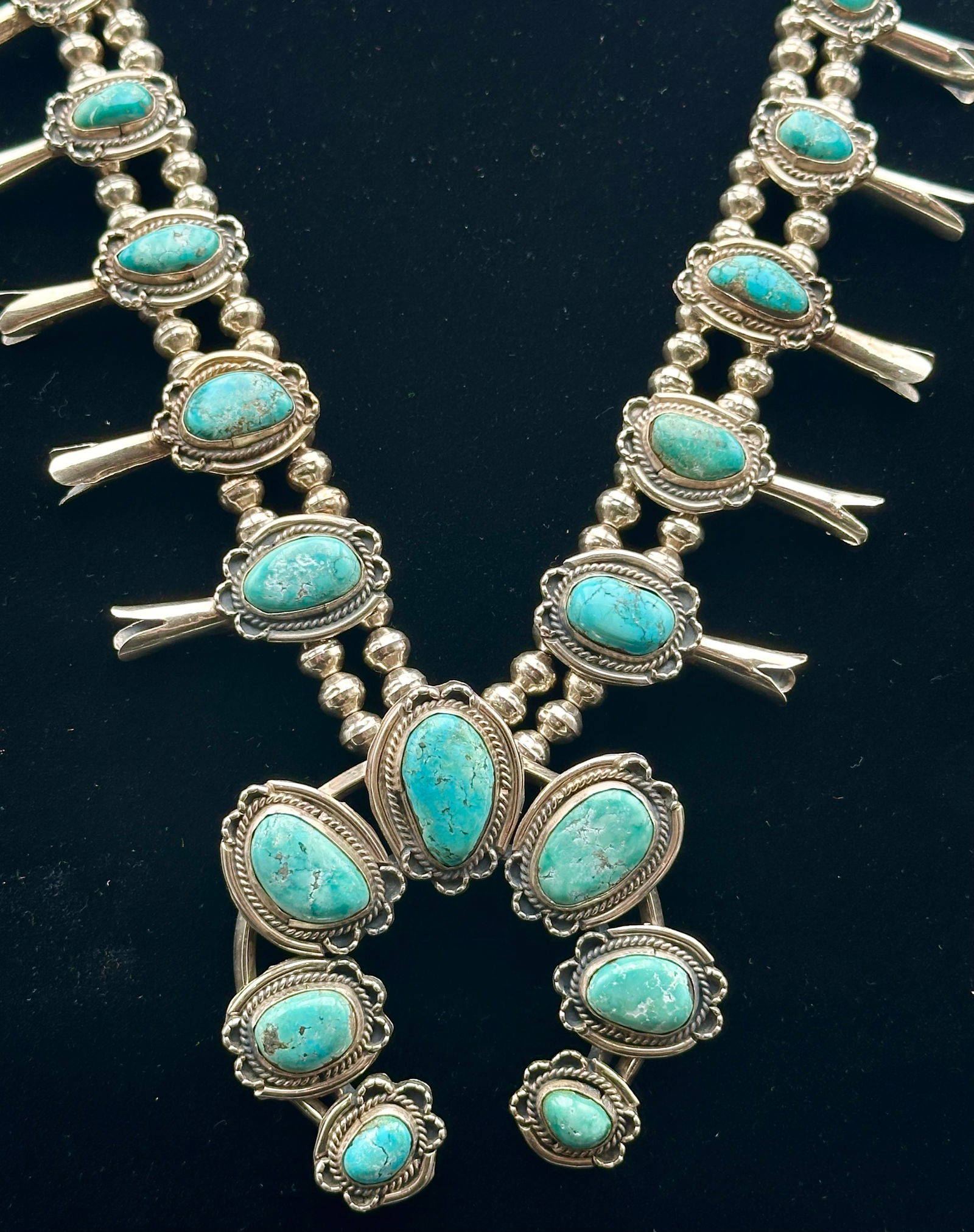 Vintage Navajo Sterling Silver & Turquoise Squash Blossom Necklace Signed E. Chitto, 206g (1 of 12)