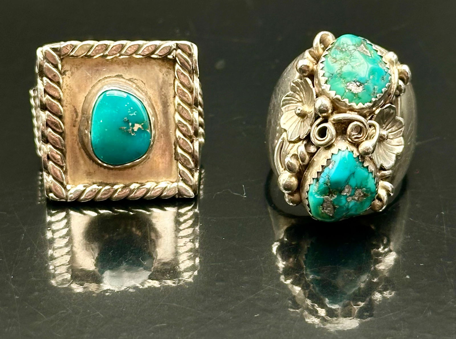 Vintage Navajo Sterling Silver Turquoise Rings Lot, Floral & Rope Frame Designs, 35g: Pair of vintage Navajo sterling silver turquoise rings featuring bold handcrafted designs. One ring showcases two turquoise stones accented with silver leaves and beadwork on a wide band. The second r