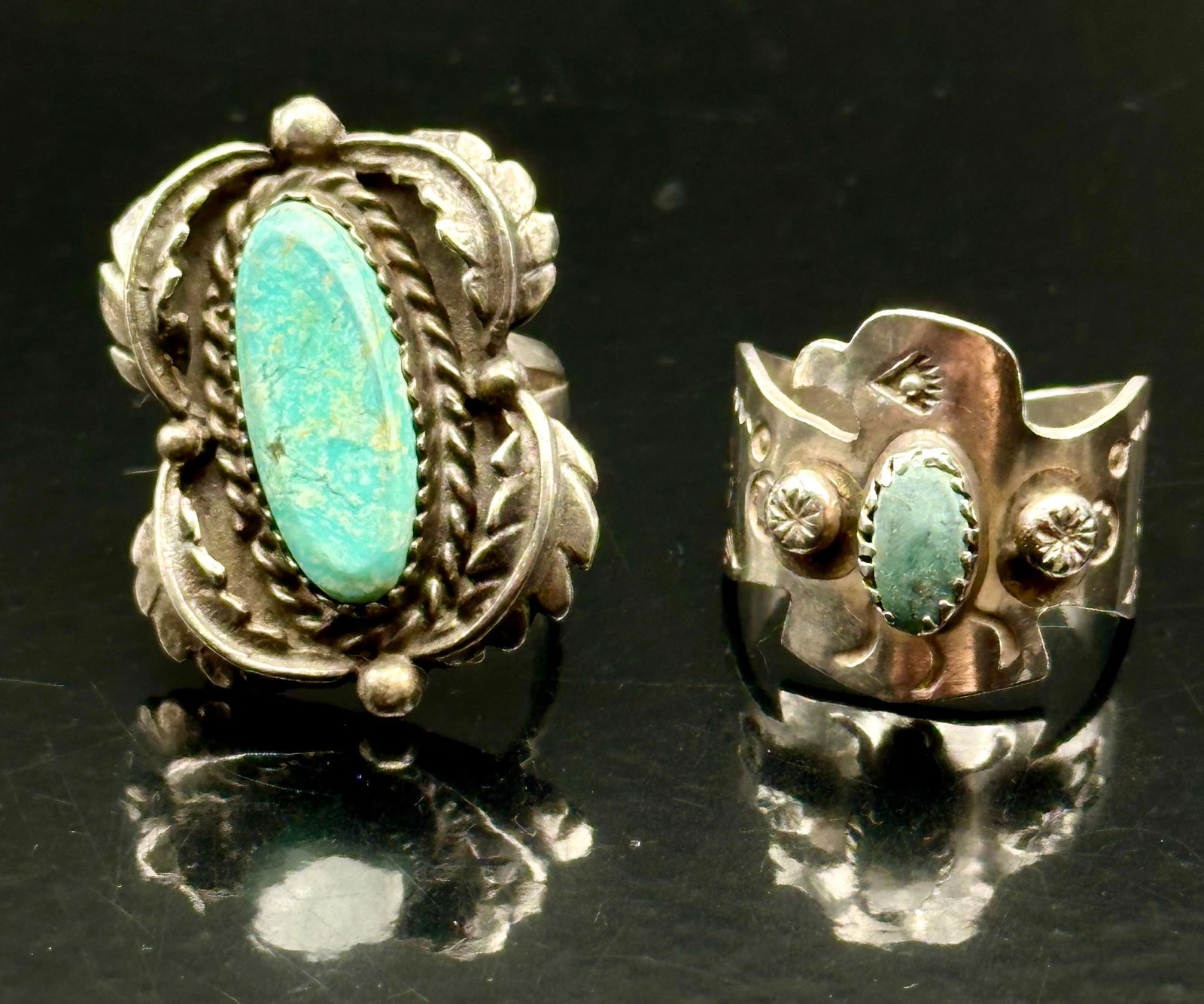 Vintage Navajo Sterling Silver Turquoise Rings Lot, Eagle Design & Leaf Motif, 16g (1 of 13)