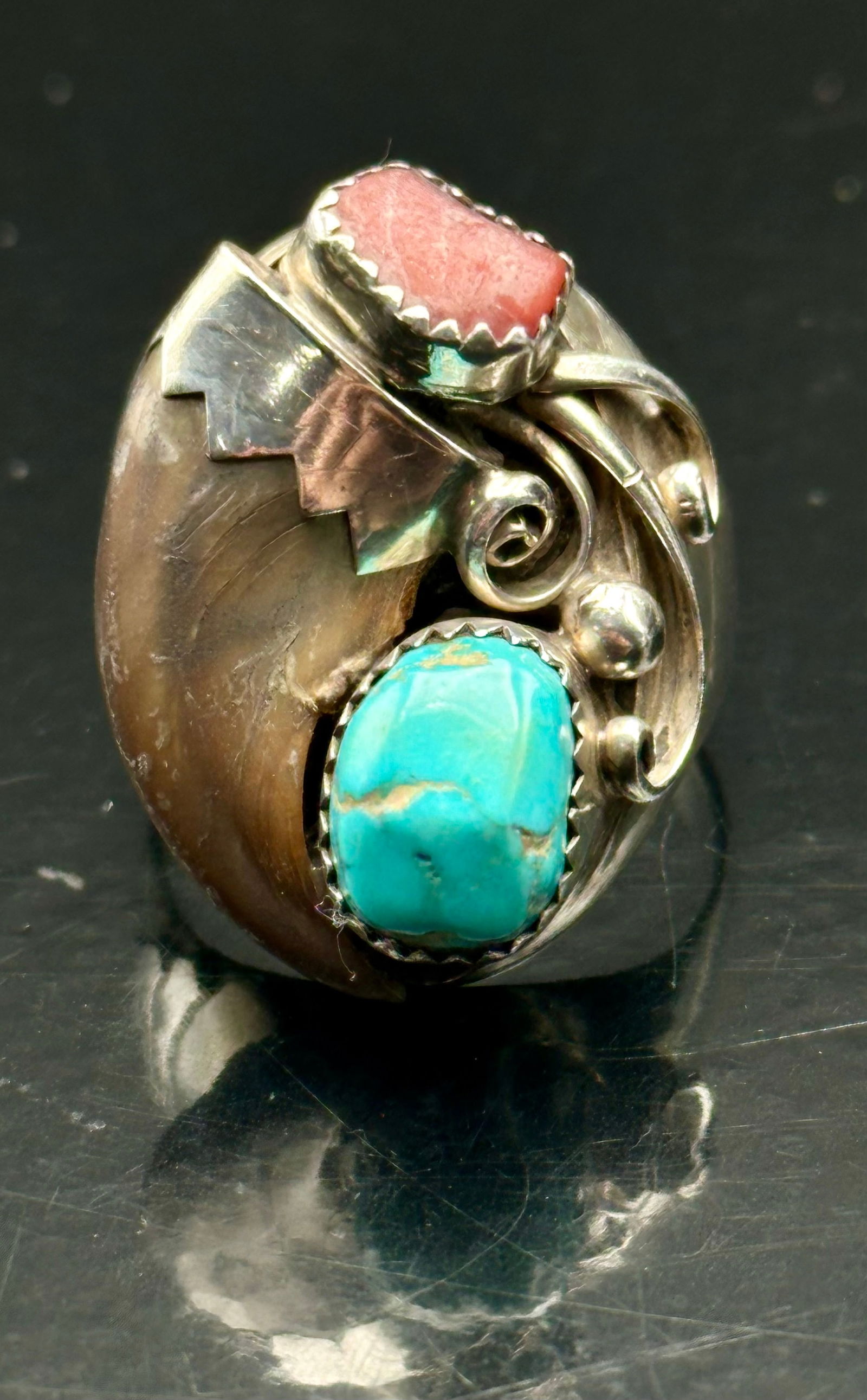 Signed RLB Navajo Sterling Silver Turquoise & Coral Ring, Size 10.5, 16g (1 of 7)