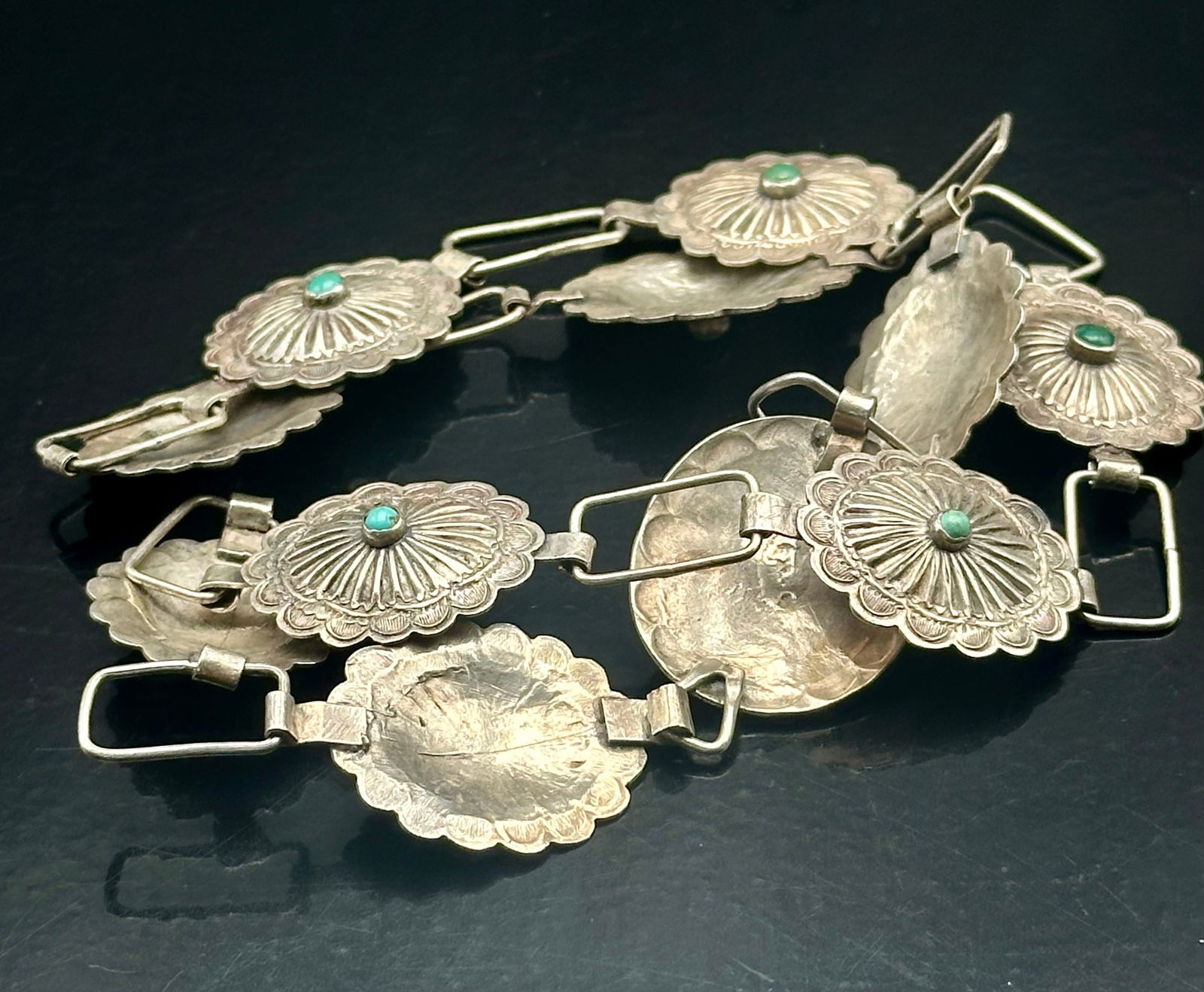 Vintage Navajo Sterling Silver & Turquoise Concho Belt – 46g (1 of 6)