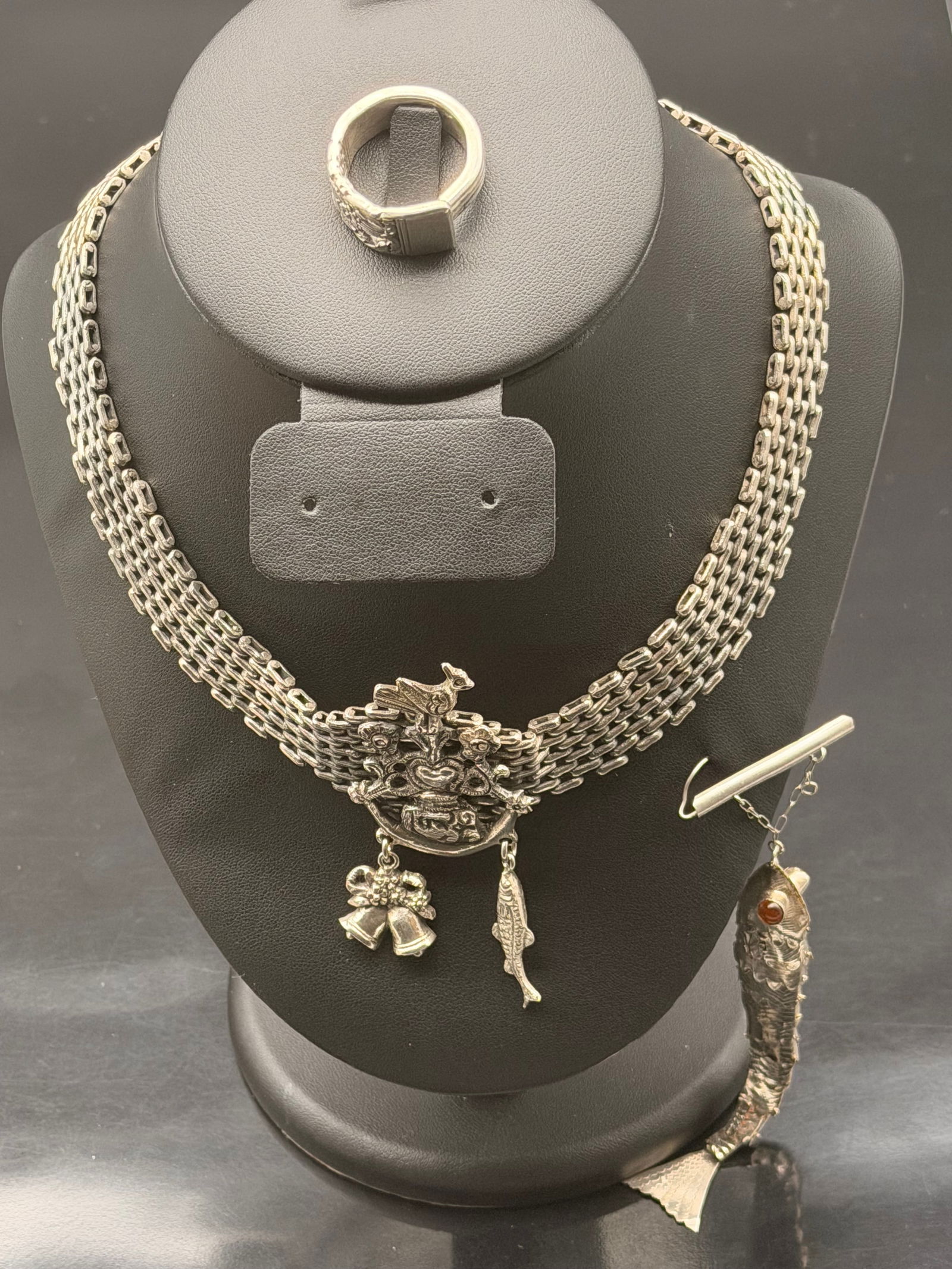 Vintage 925 Sterling Silver Tribal Necklace & Spoon Ring Set – 139g Ornate Design (1 of 10)