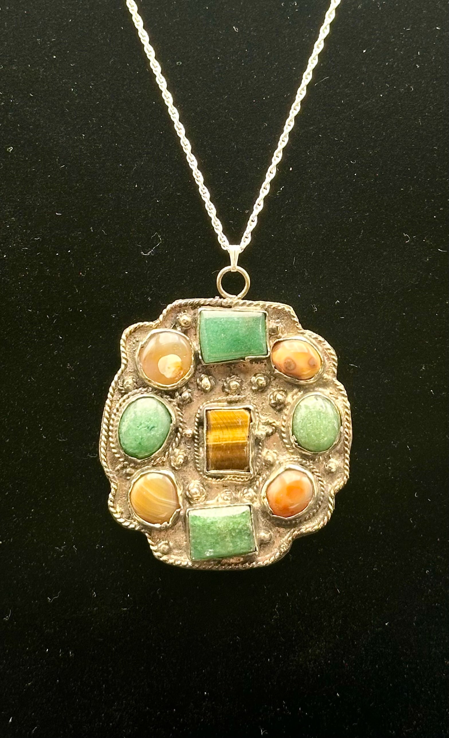 Vintage Sterling Silver Pendant with Aventurine, Tiger’s Eye & Agate Cabochons – 35g (1 of 10)