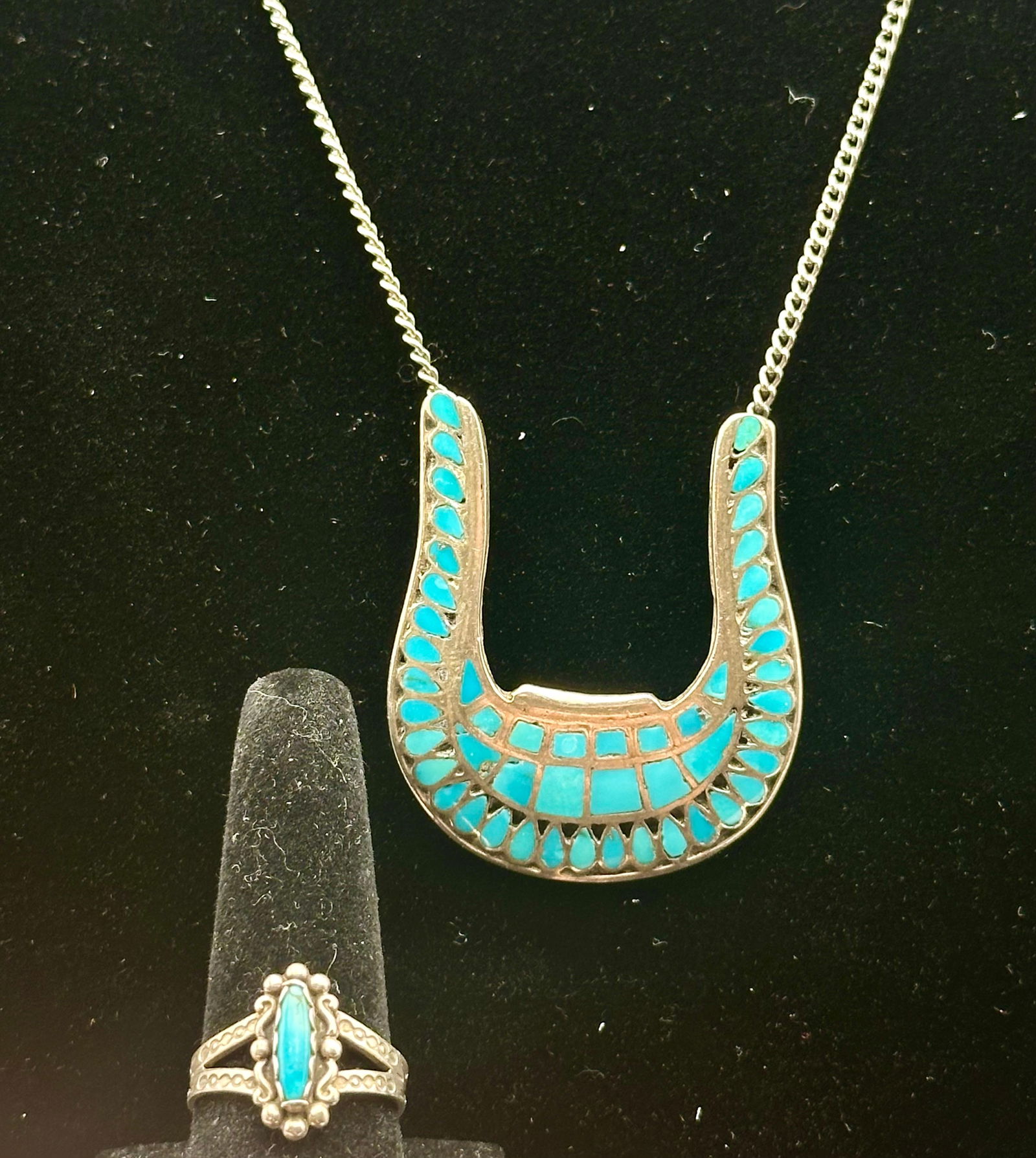 Vintage Sterling Silver Turquoise Inlay Necklace & Ring Set – 26g (1 of 18)