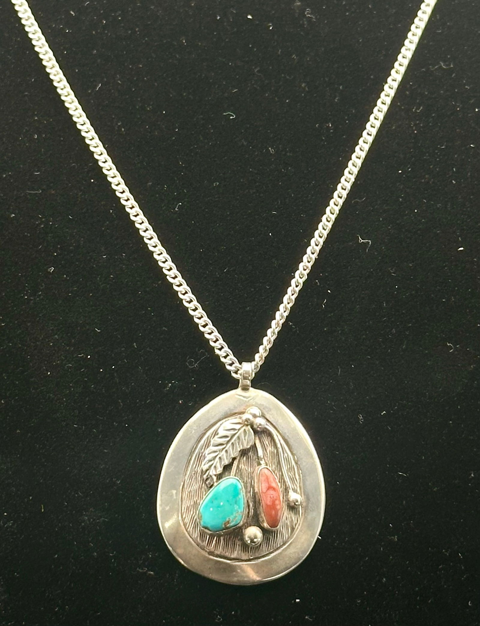 Vintage Navajo Sterling Silver Pendant Necklace with Turquoise & Coral Stones – 29g (1 of 9)
