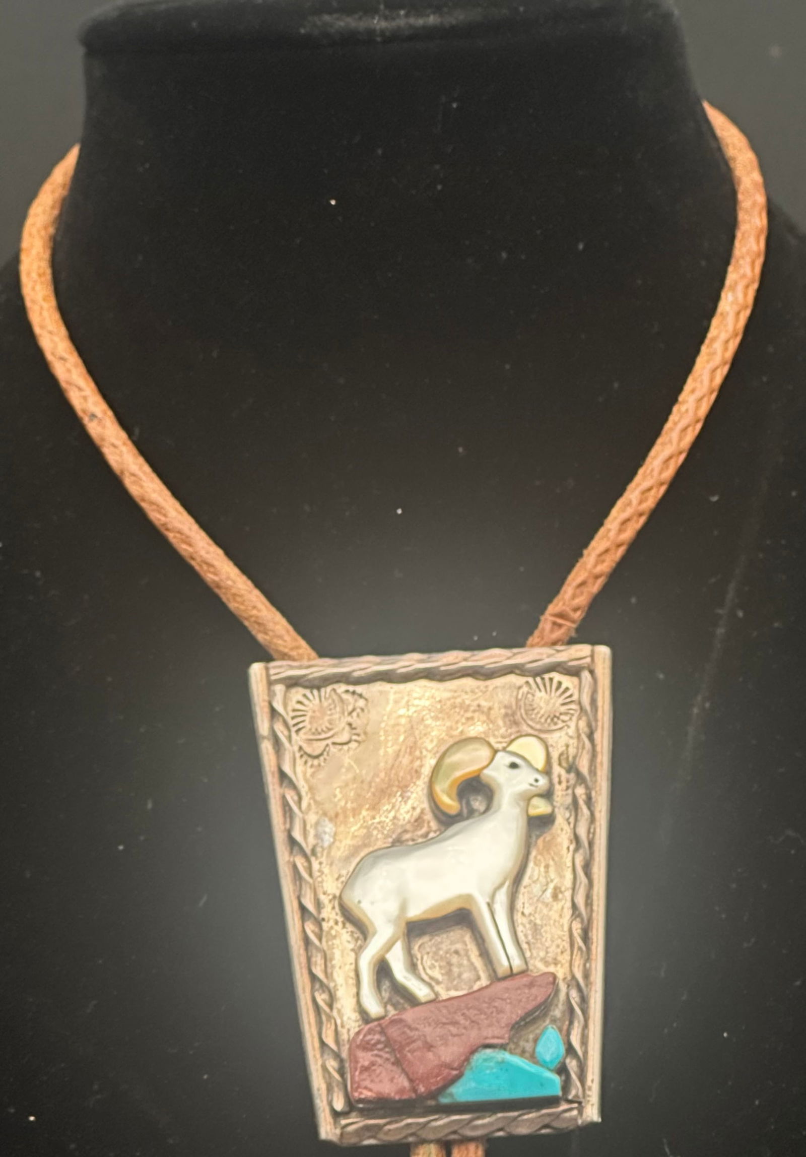 1977 Zuni Sterling Silver & Stone Inlay Ram Bolo Tie by Carlos & Paula Lamy, Bennett Pat. Pend. (1 of 12)