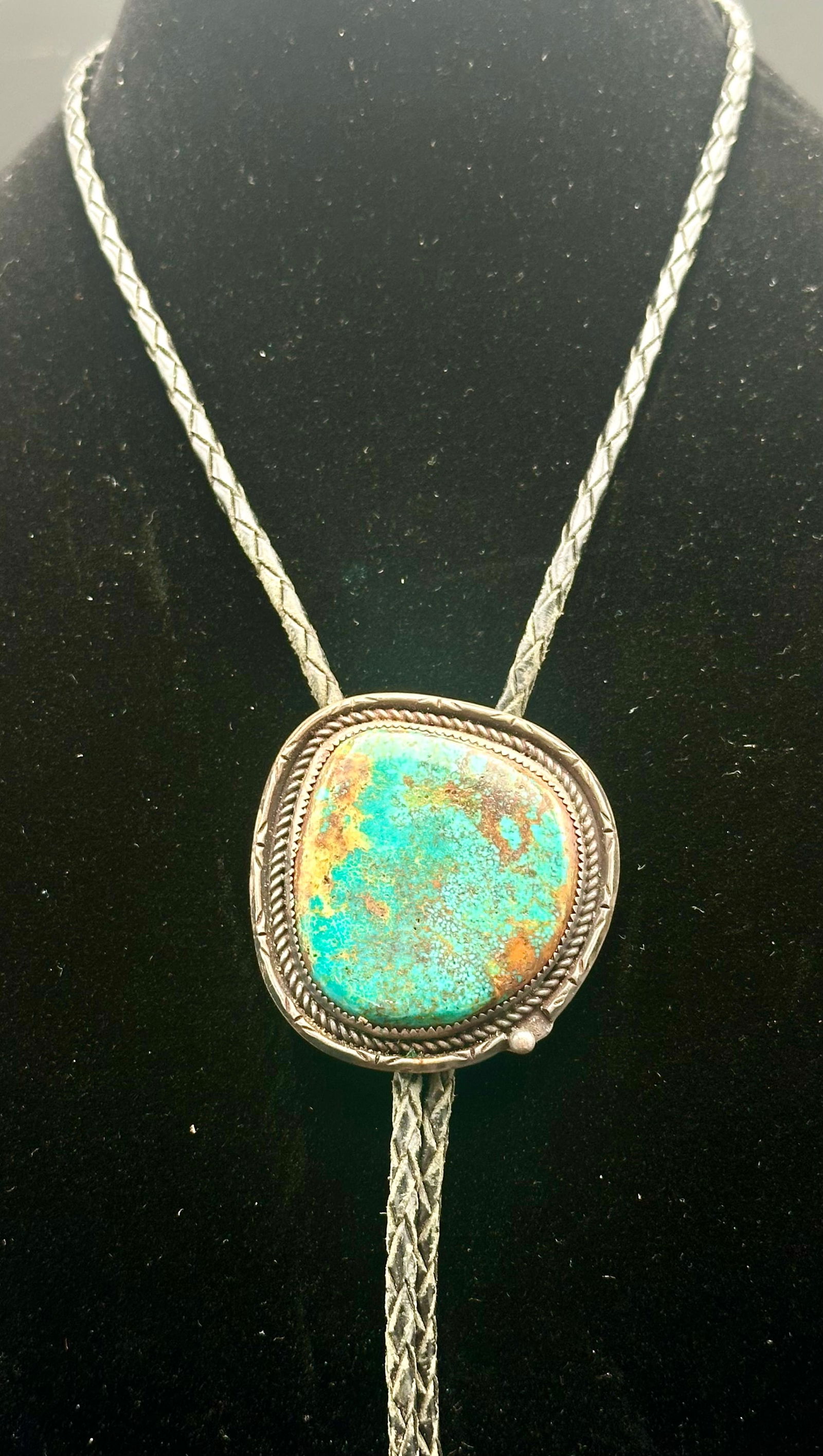 Vintage Navajo Sterling Silver Turquoise Bolo Tie, Bennett Pat. Pend. Clip (1 of 11)