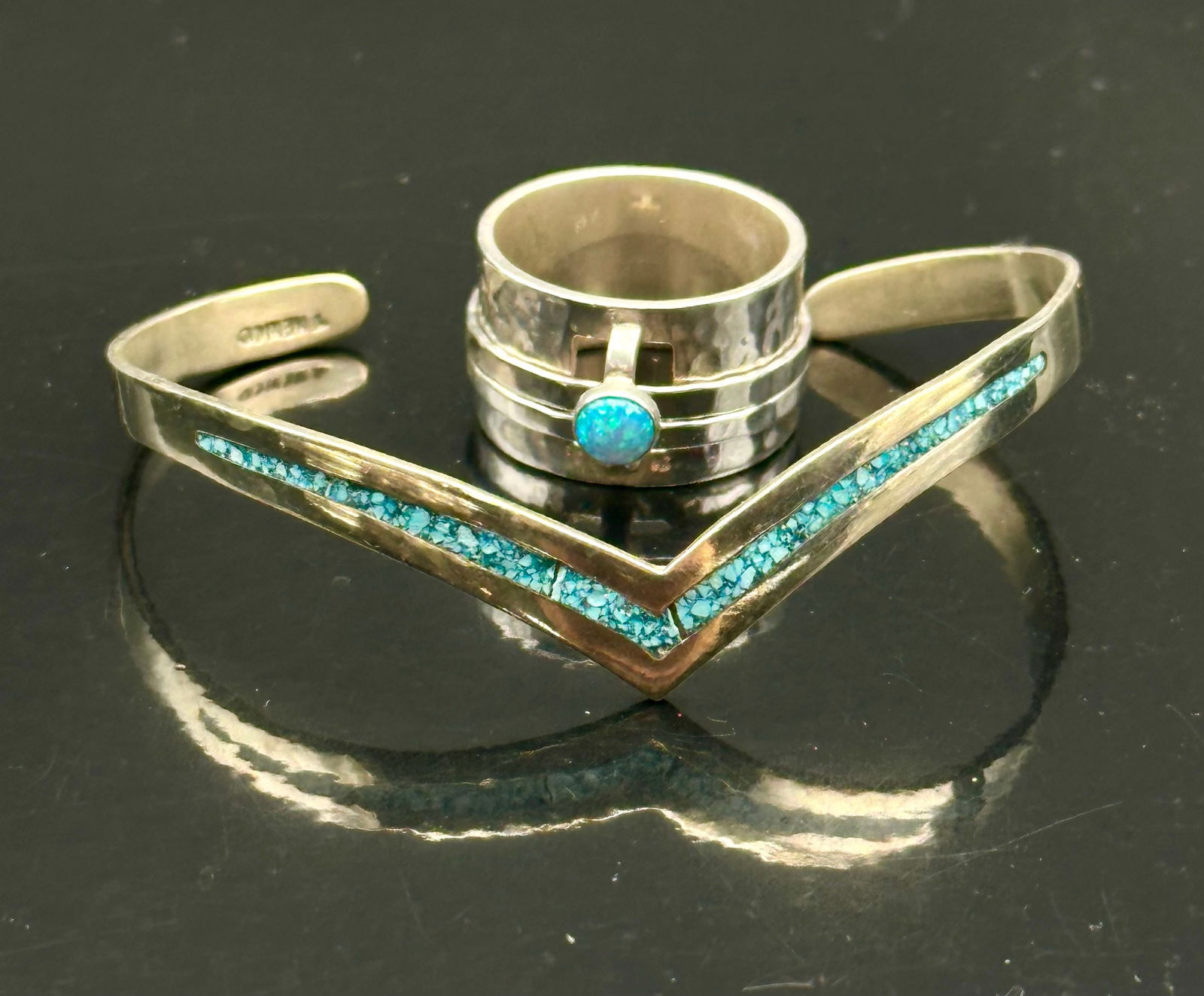Vintage Mexican Sterling Silver Turquoise Inlay Bracelet & Ring Set, Taxco 925 (1 of 9)