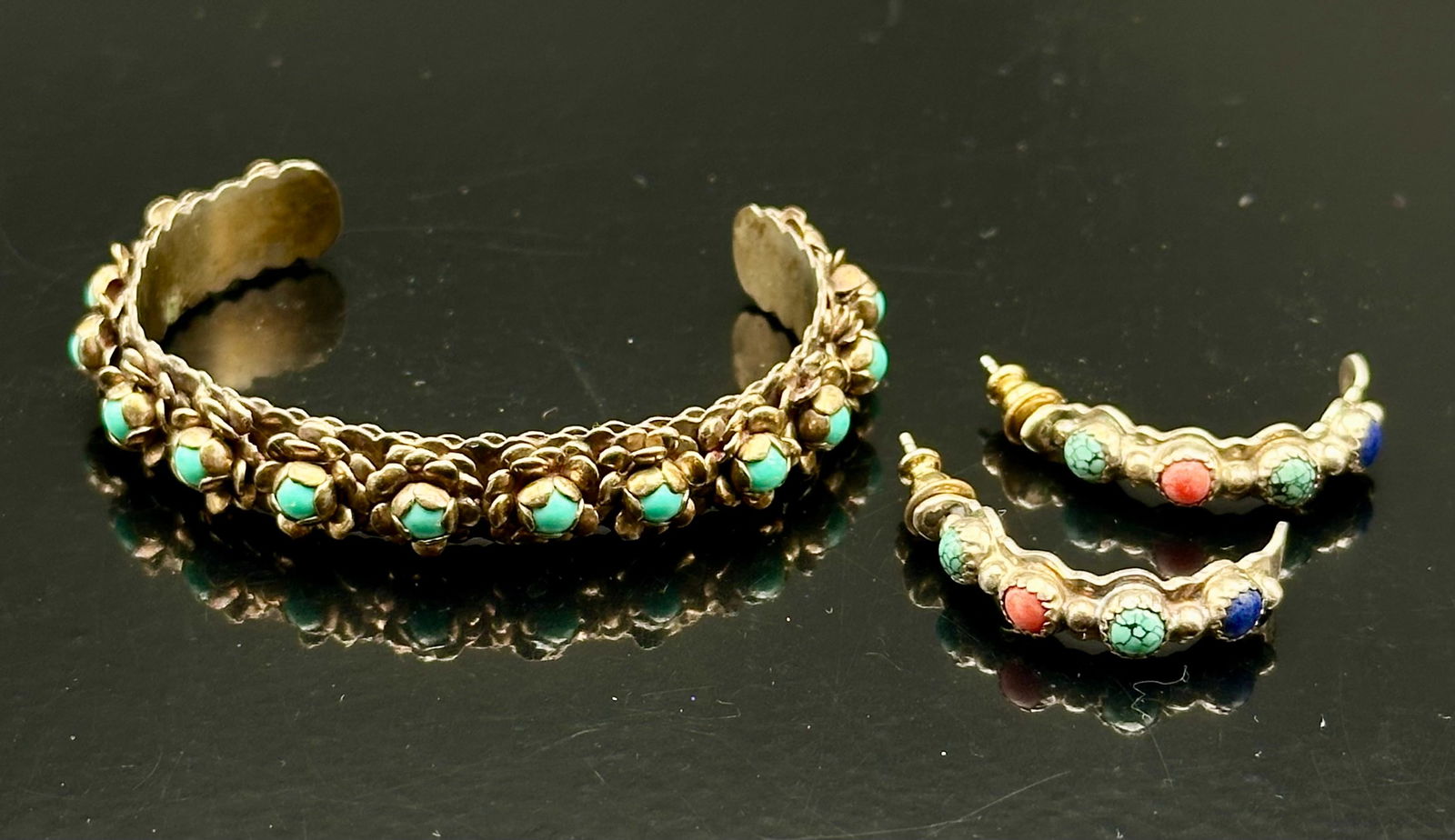 Vintage M. Willie D Mexico Sterling Silver Turquoise Cuff & Gemstone Hoop Earrings, 20g (1 of 14)