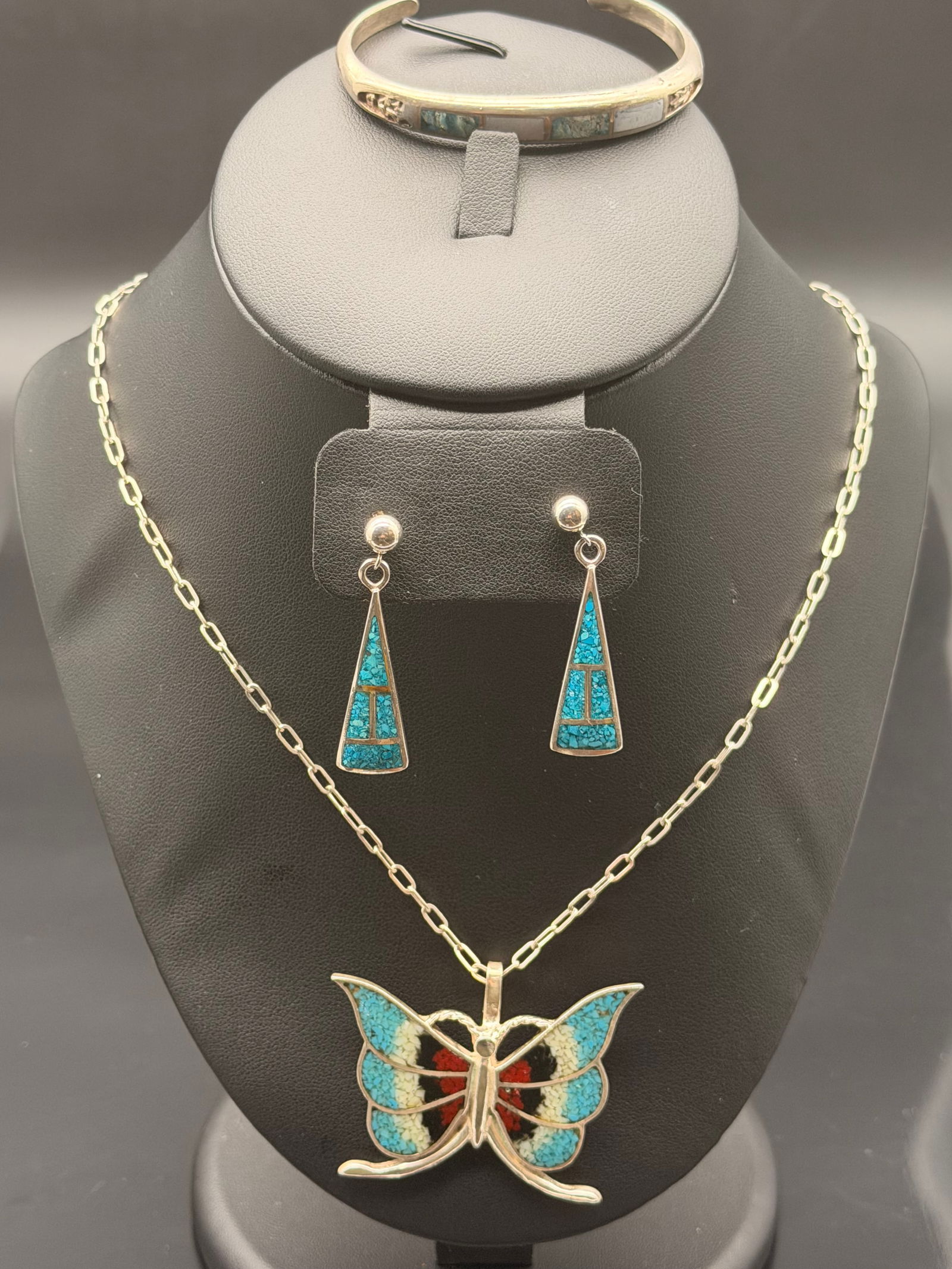 Vintage Turquoise Inlay Jewelry Set – Butterfly Pendant Necklace, Cuff Bracelet & Earrings (52g) (1 of 12)