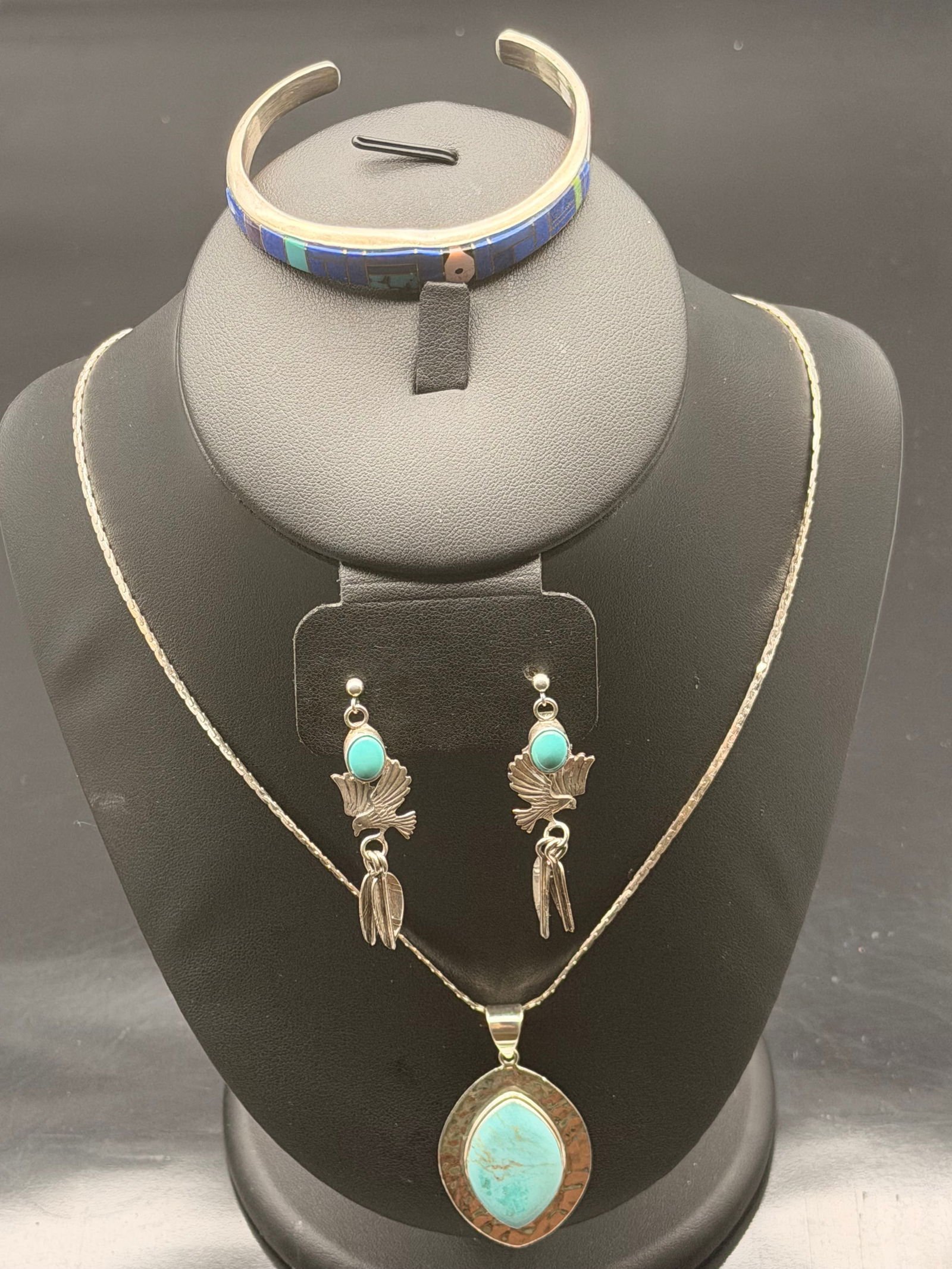 Vintage Southwestern Turquoise & Lapis Inlay Jewelry Set – Cuff Bracelet, Pendant Necklace & (1 of 15)