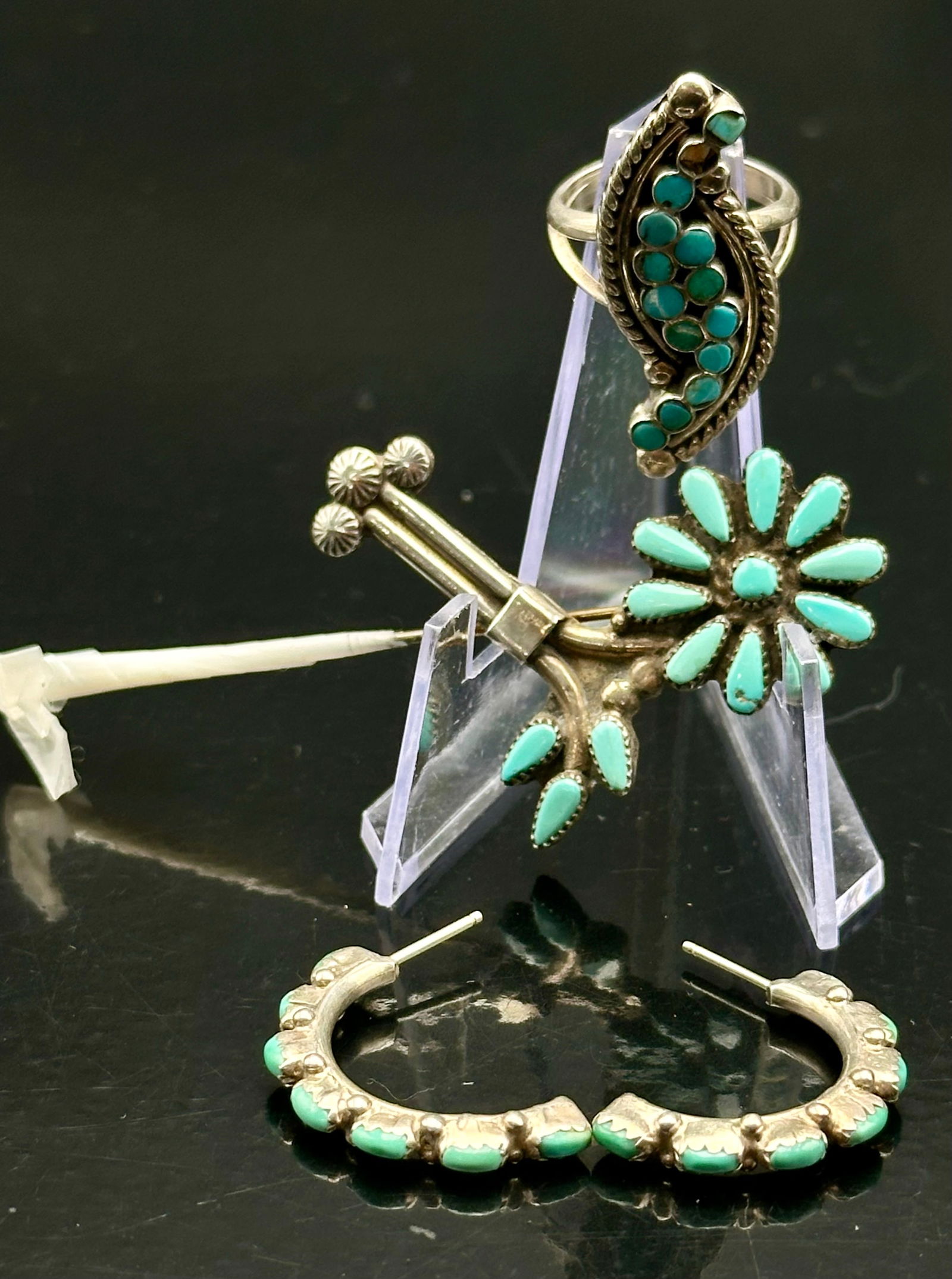 Vintage Zuni Turquoise Inlay Sterling Silver Ring & Earring Set (17g) (1 of 15)