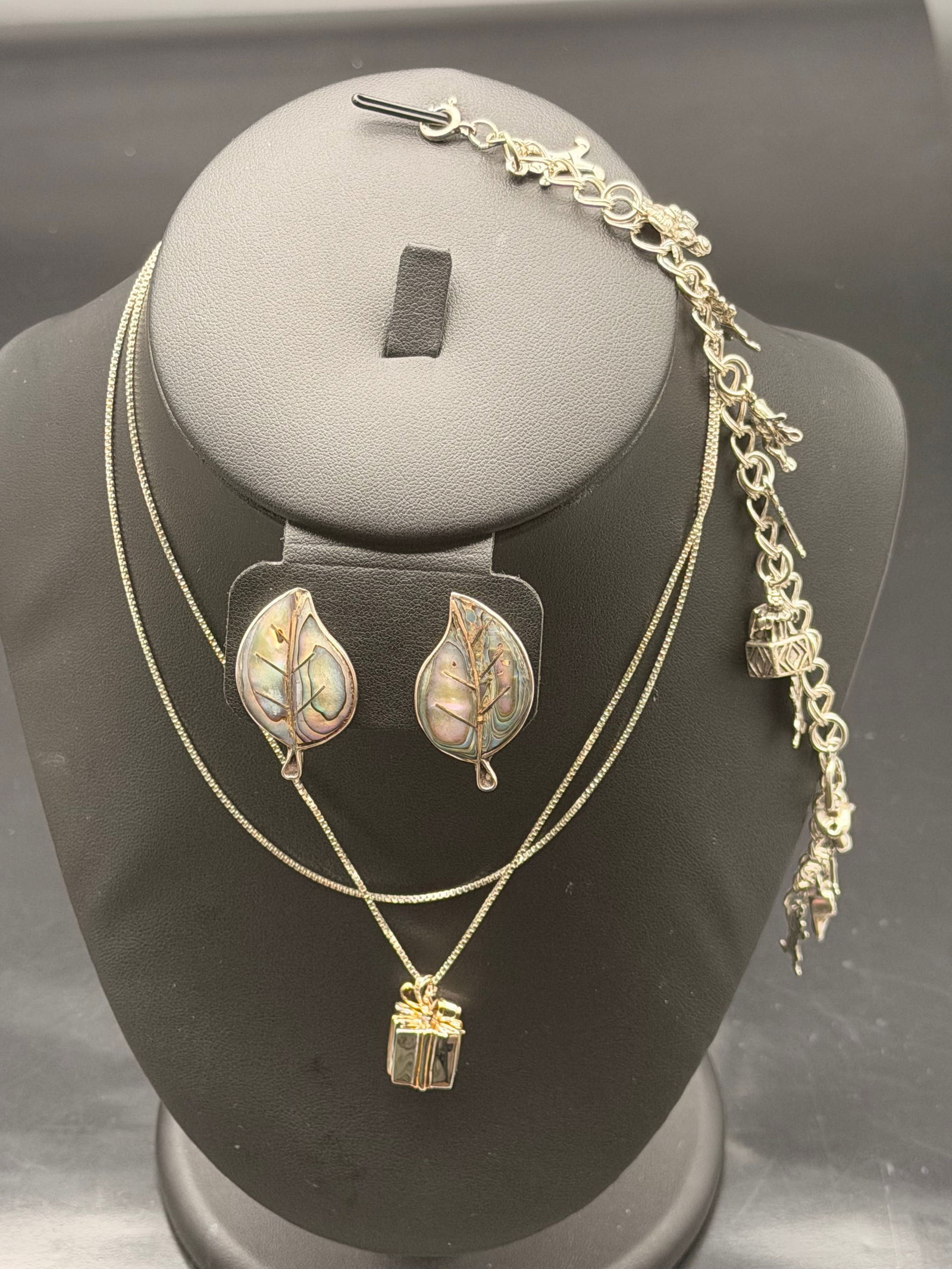 Elegant Abalone & Silver Jewelry Set – Leaf Earrings, Gift Box Pendant Necklace & Charm Bracelet (1 of 12)