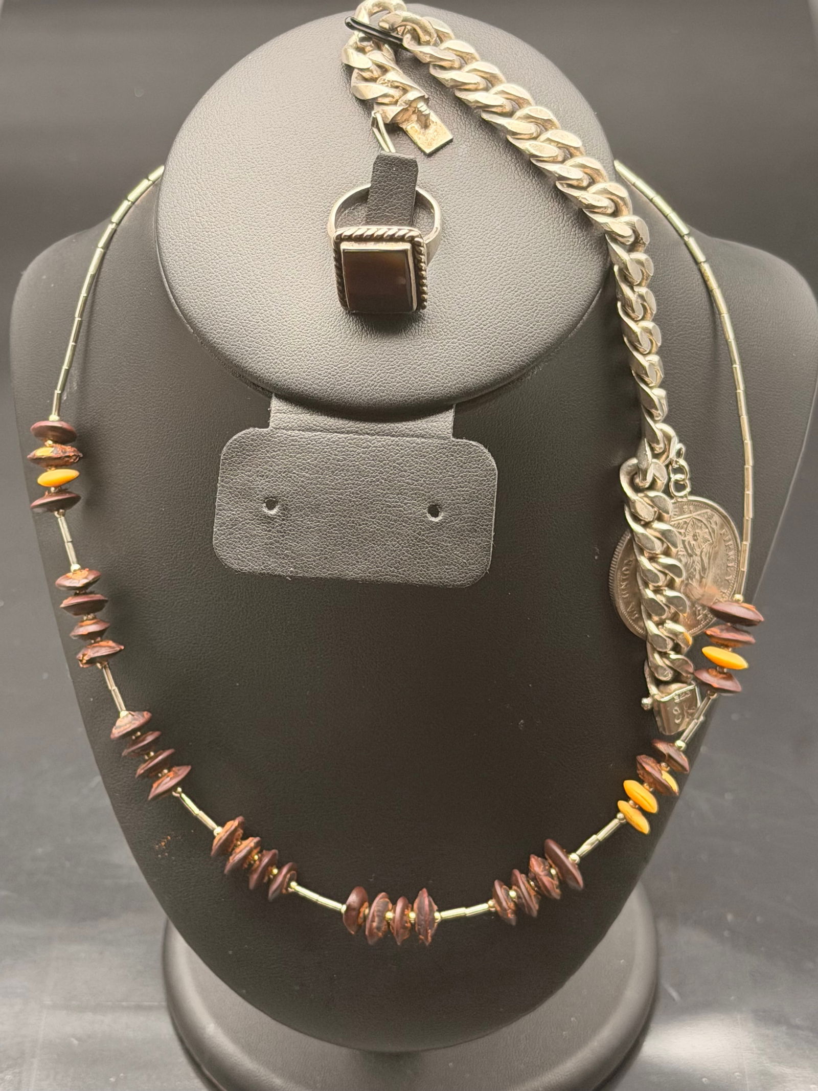Vintage Sterling Silver Jewelry Lot – Amber Ring, Peruvian Coin Bracelet & Gemstone Necklaces (1 of 15)