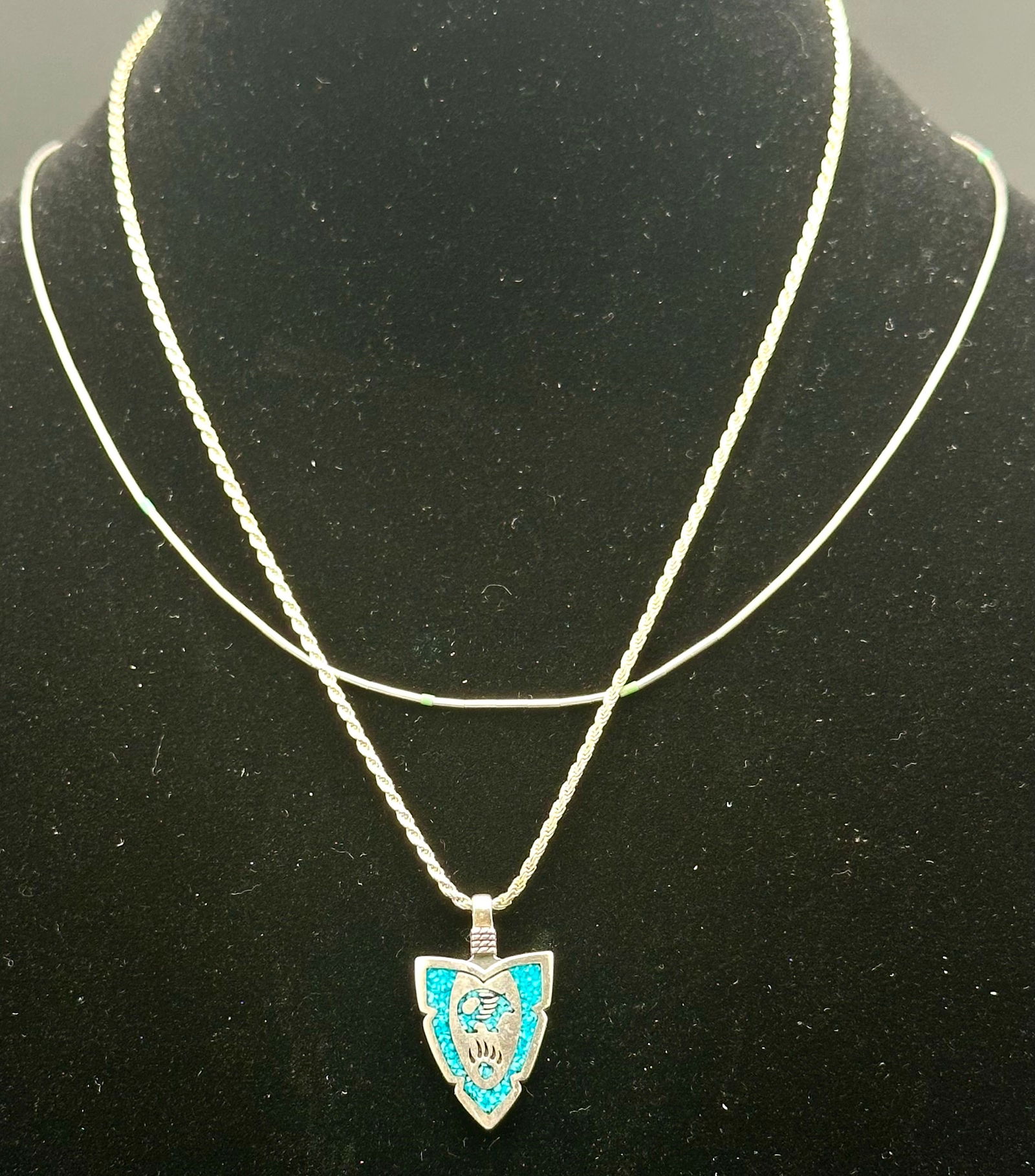 Vintage Sterling Silver Turquoise Inlay Arrowhead Pendant Necklace – 16g (1 of 14)